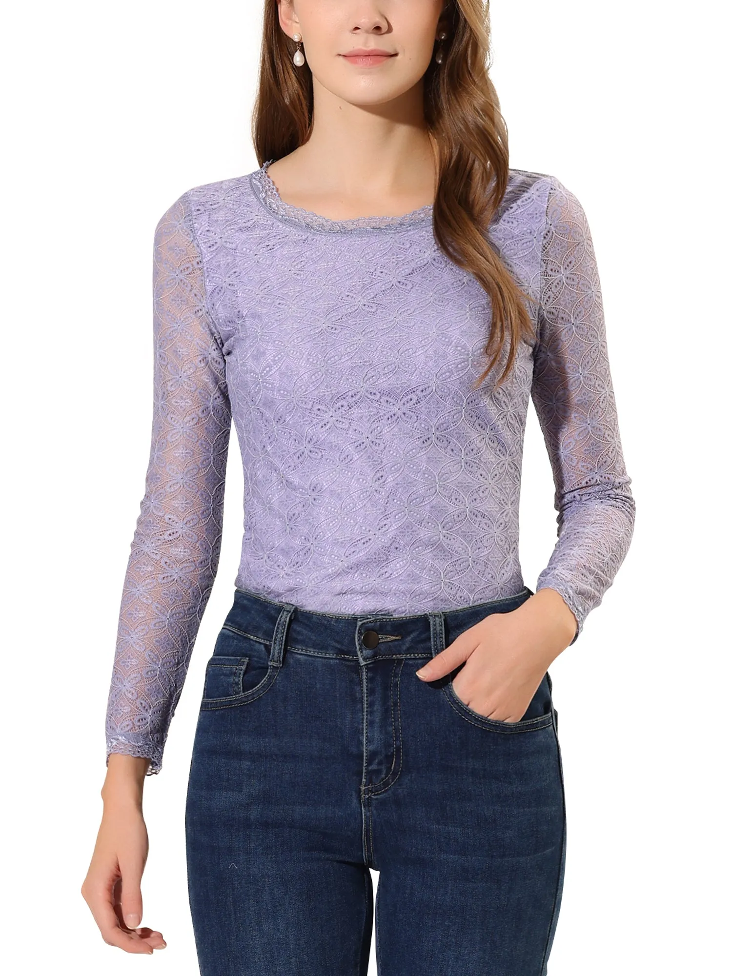 Crew Neck Sheer Long Sleeve Flower Embroidery Lace Blouse