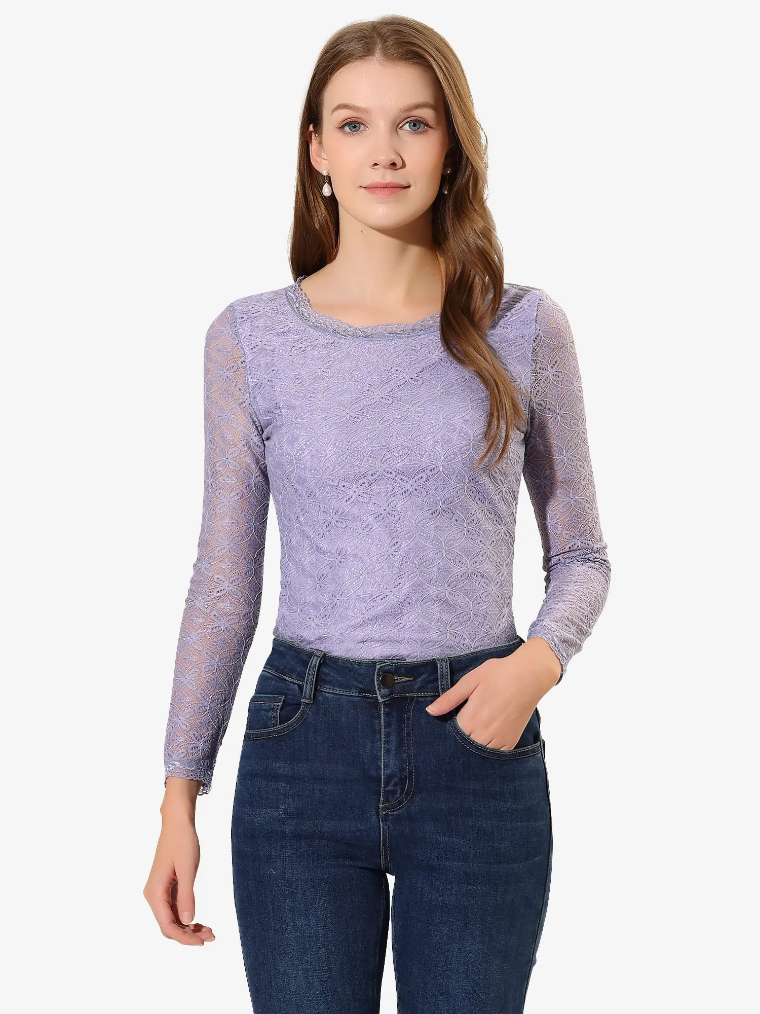 Crew Neck Sheer Long Sleeve Flower Embroidery Lace Blouse