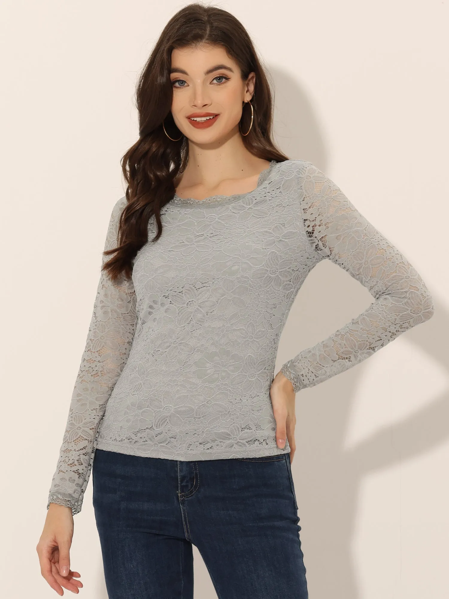 Crew Neck Sheer Long Sleeve Flower Embroidery Lace Blouse