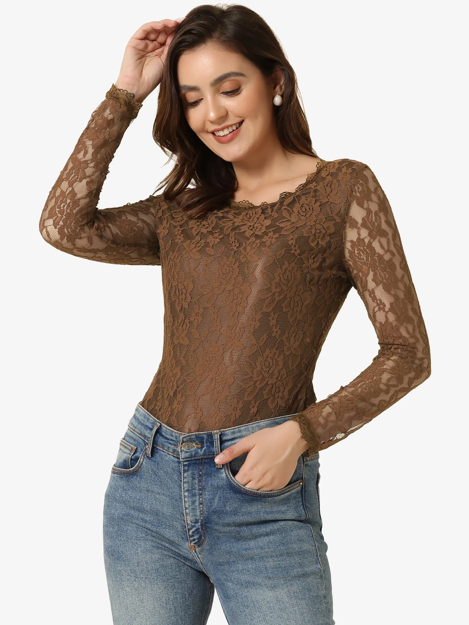 Crew Neck Sheer Long Sleeve Flower Embroidery Lace Blouse