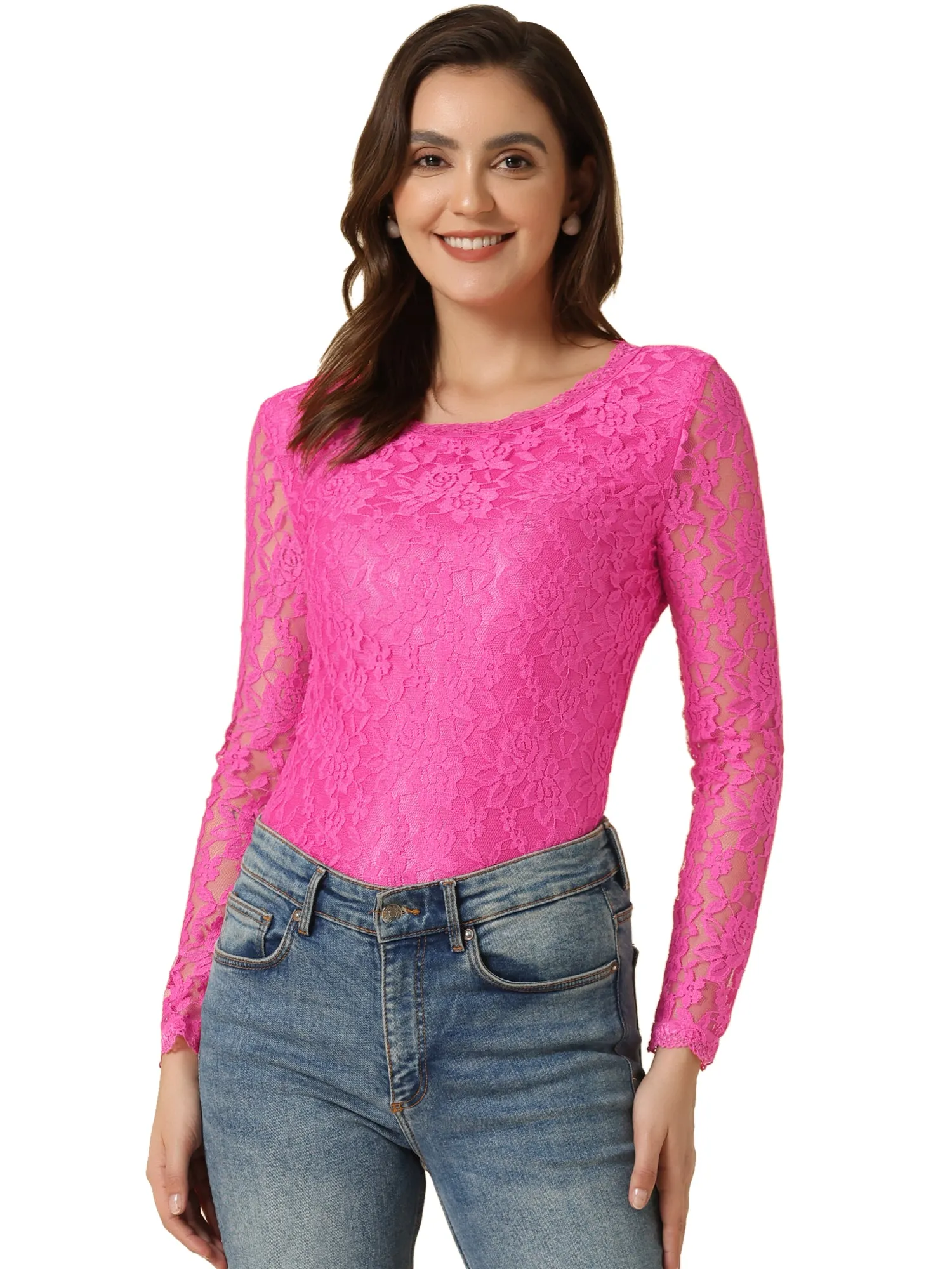 Crew Neck Sheer Long Sleeve Flower Embroidery Lace Blouse