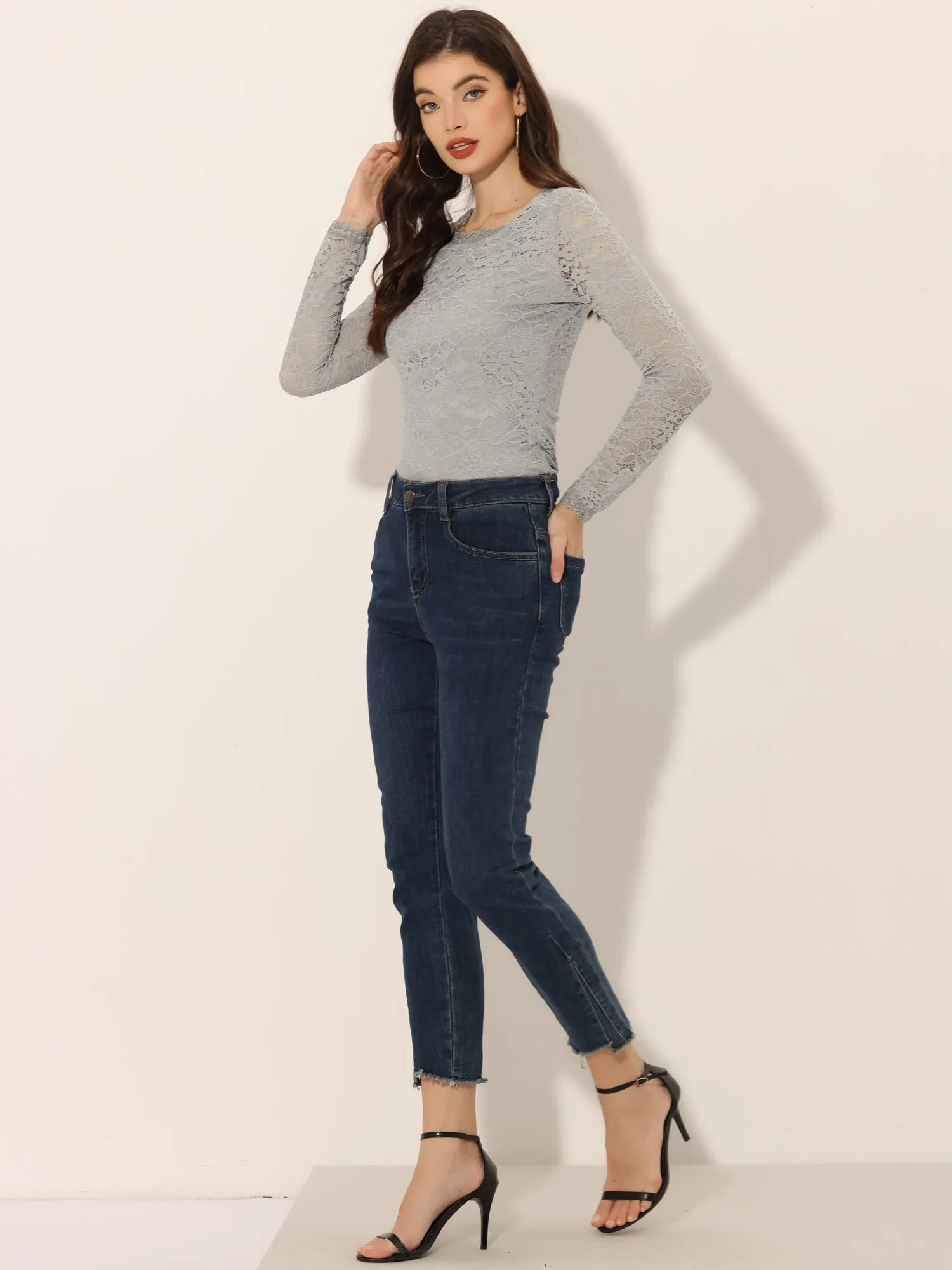 Crew Neck Sheer Long Sleeve Flower Embroidery Lace Blouse