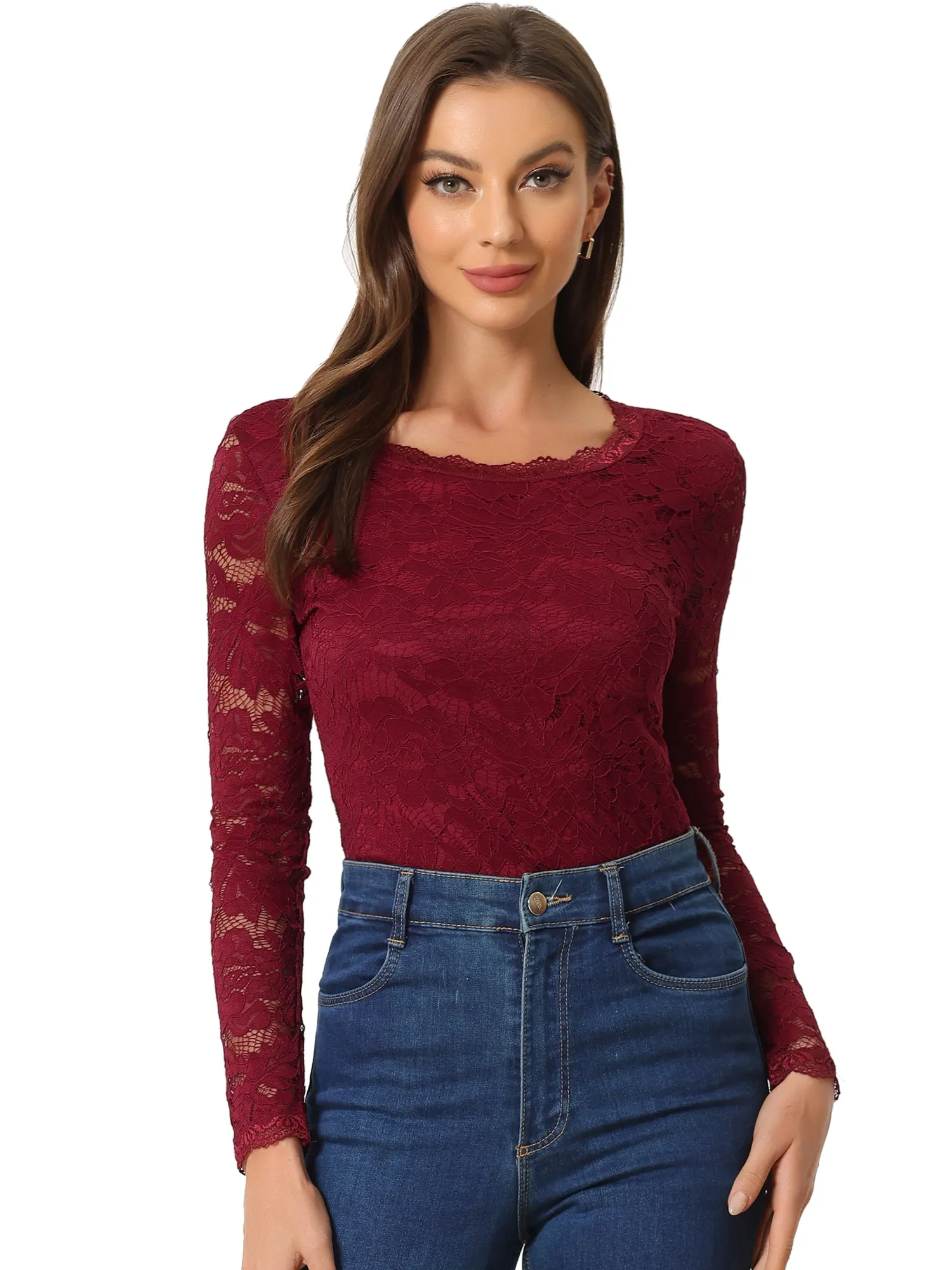 Crew Neck Sheer Long Sleeve Flower Embroidery Lace Blouse