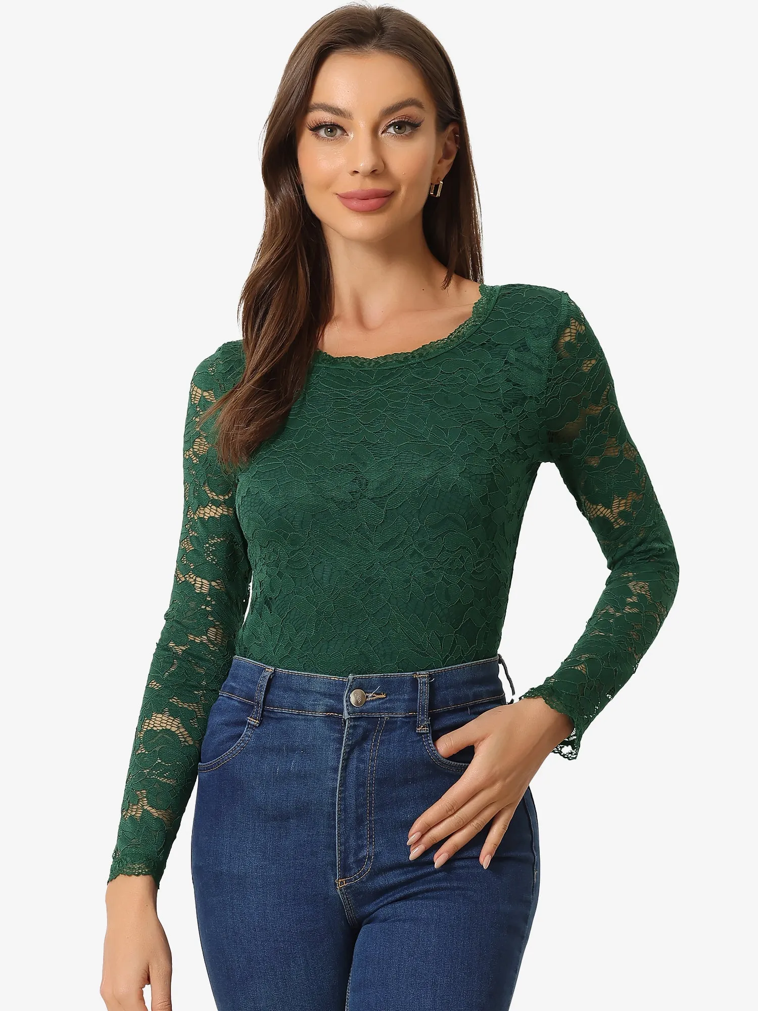 Crew Neck Sheer Long Sleeve Flower Embroidery Lace Blouse