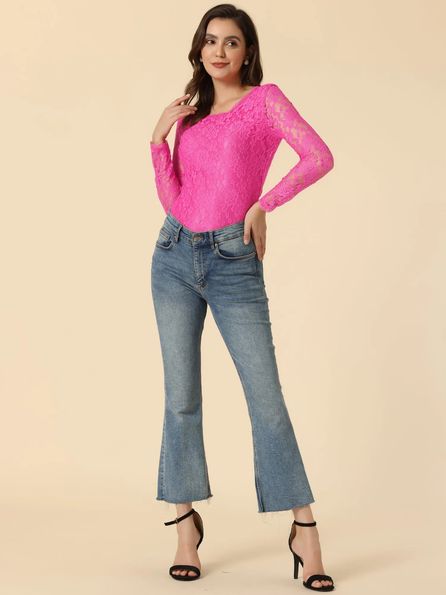 Crew Neck Sheer Long Sleeve Flower Embroidery Lace Blouse