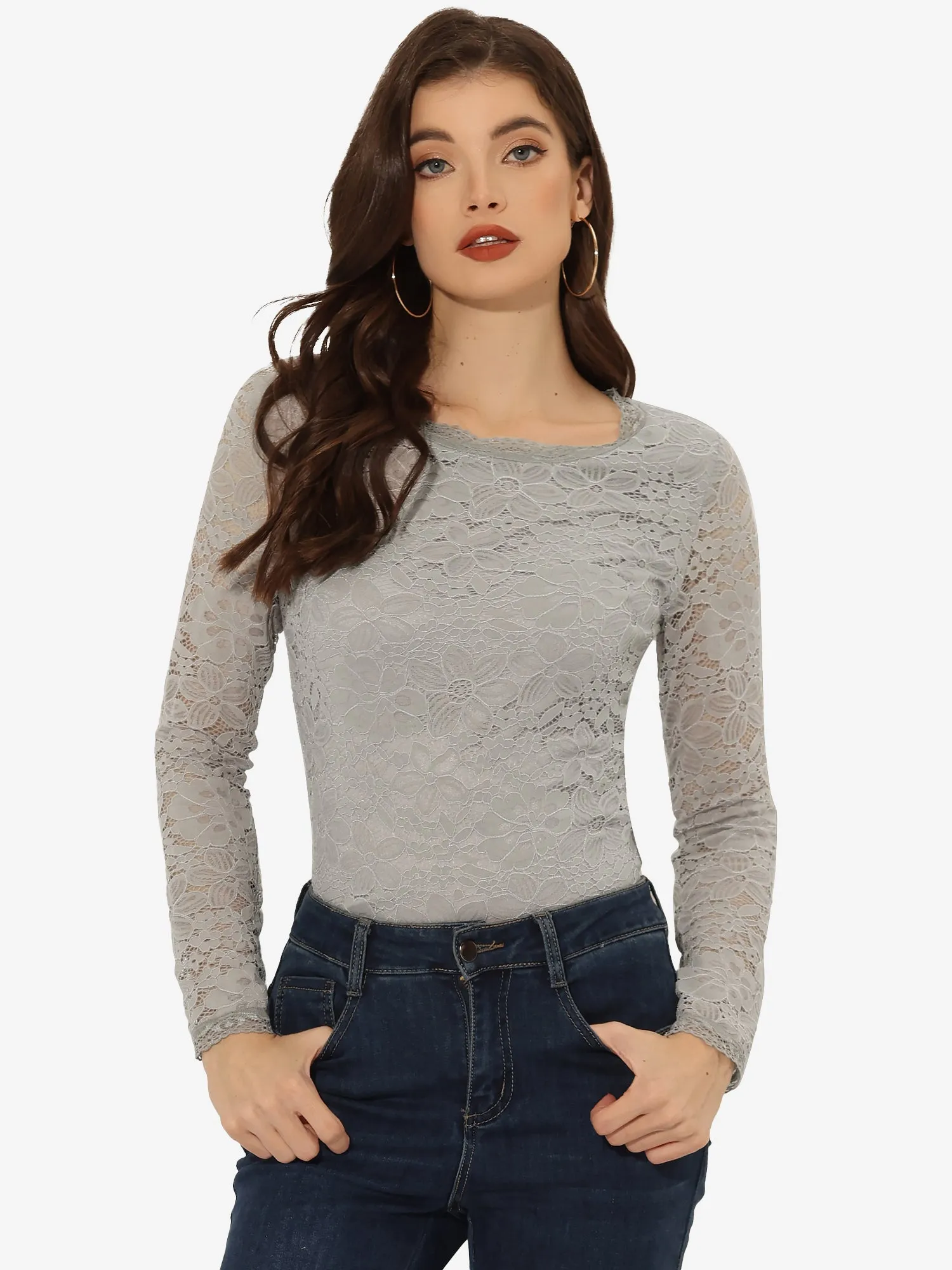 Crew Neck Sheer Long Sleeve Flower Embroidery Lace Blouse