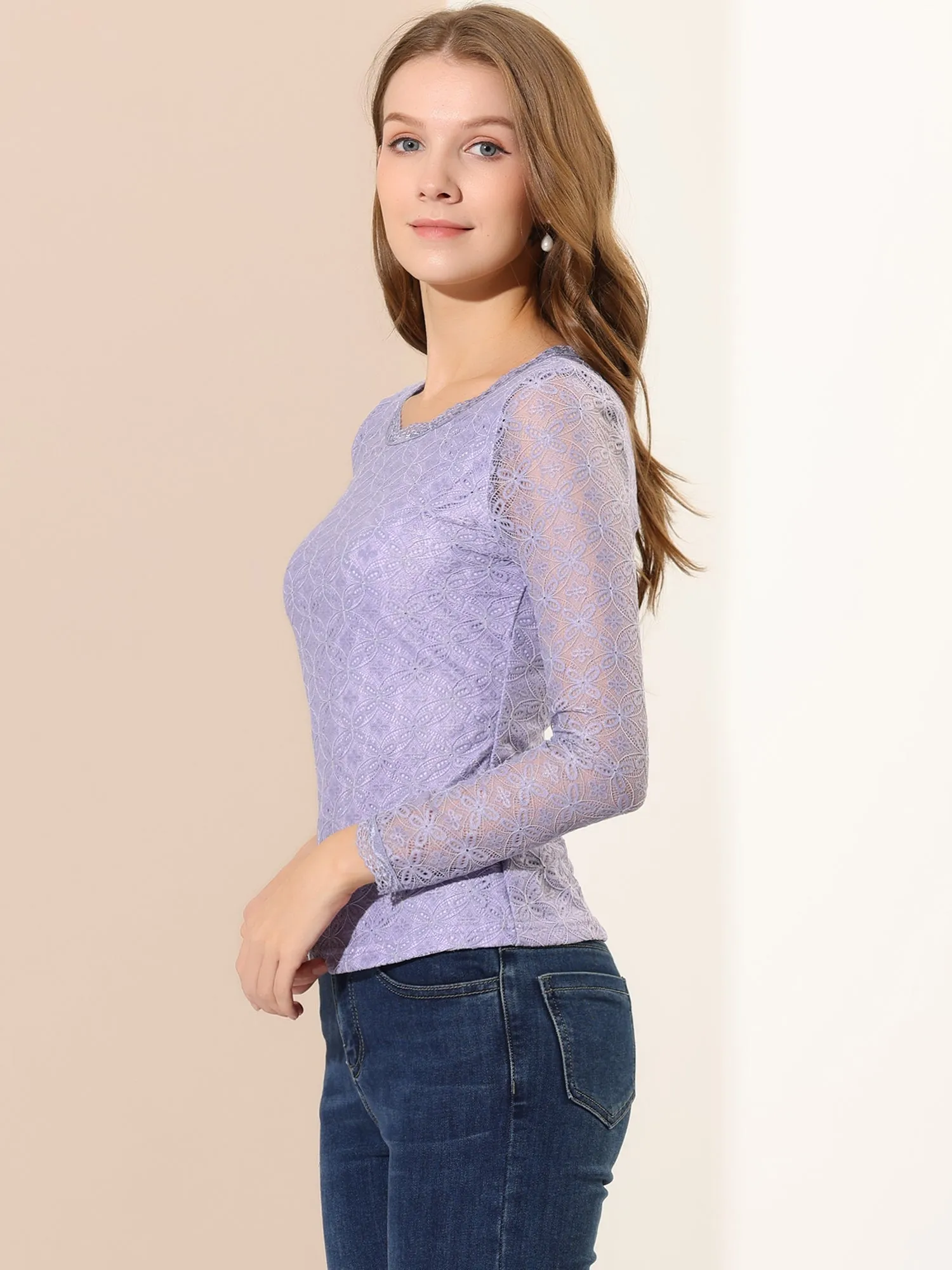 Crew Neck Sheer Long Sleeve Flower Embroidery Lace Blouse