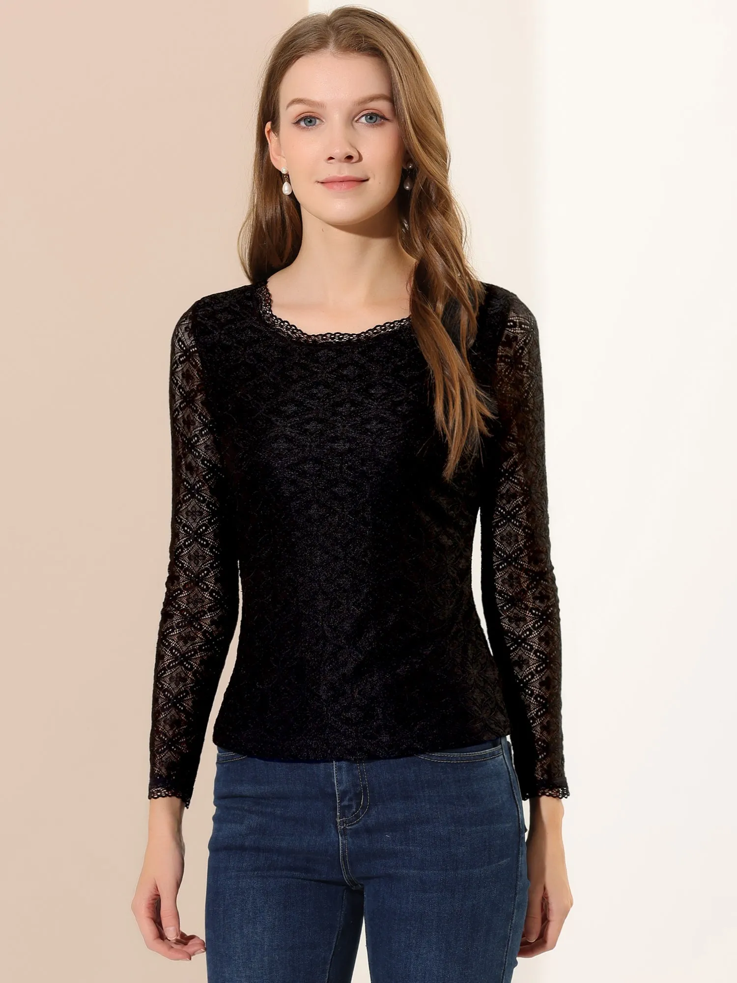 Crew Neck Sheer Long Sleeve Flower Embroidery Lace Blouse