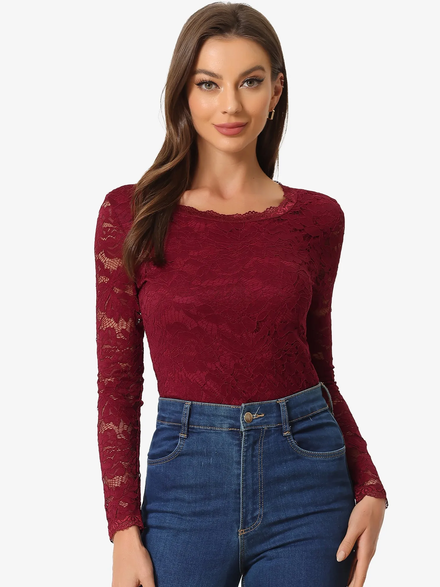 Crew Neck Sheer Long Sleeve Flower Embroidery Lace Blouse