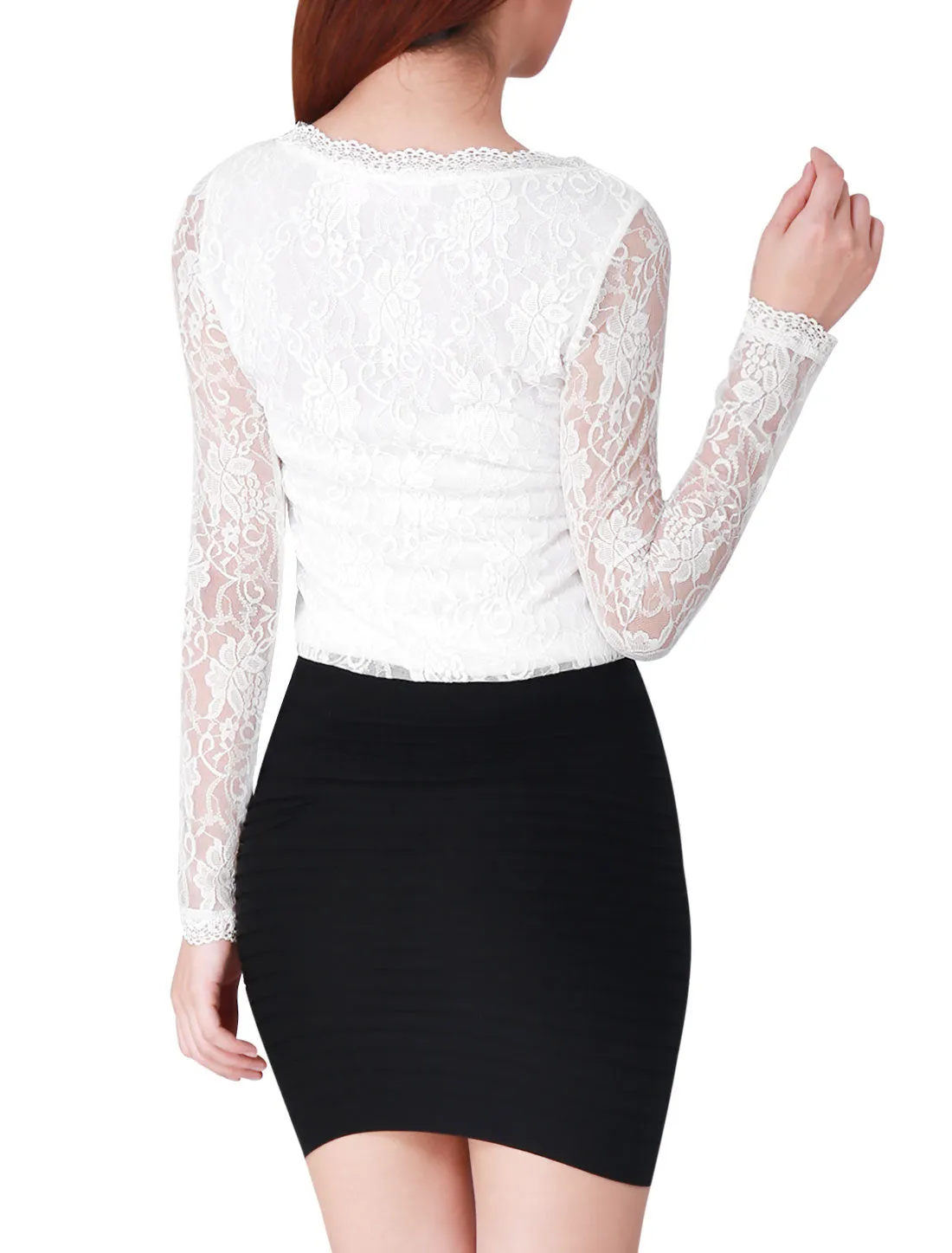Crew Neck Sheer Long Sleeve Flower Embroidery Lace Blouse