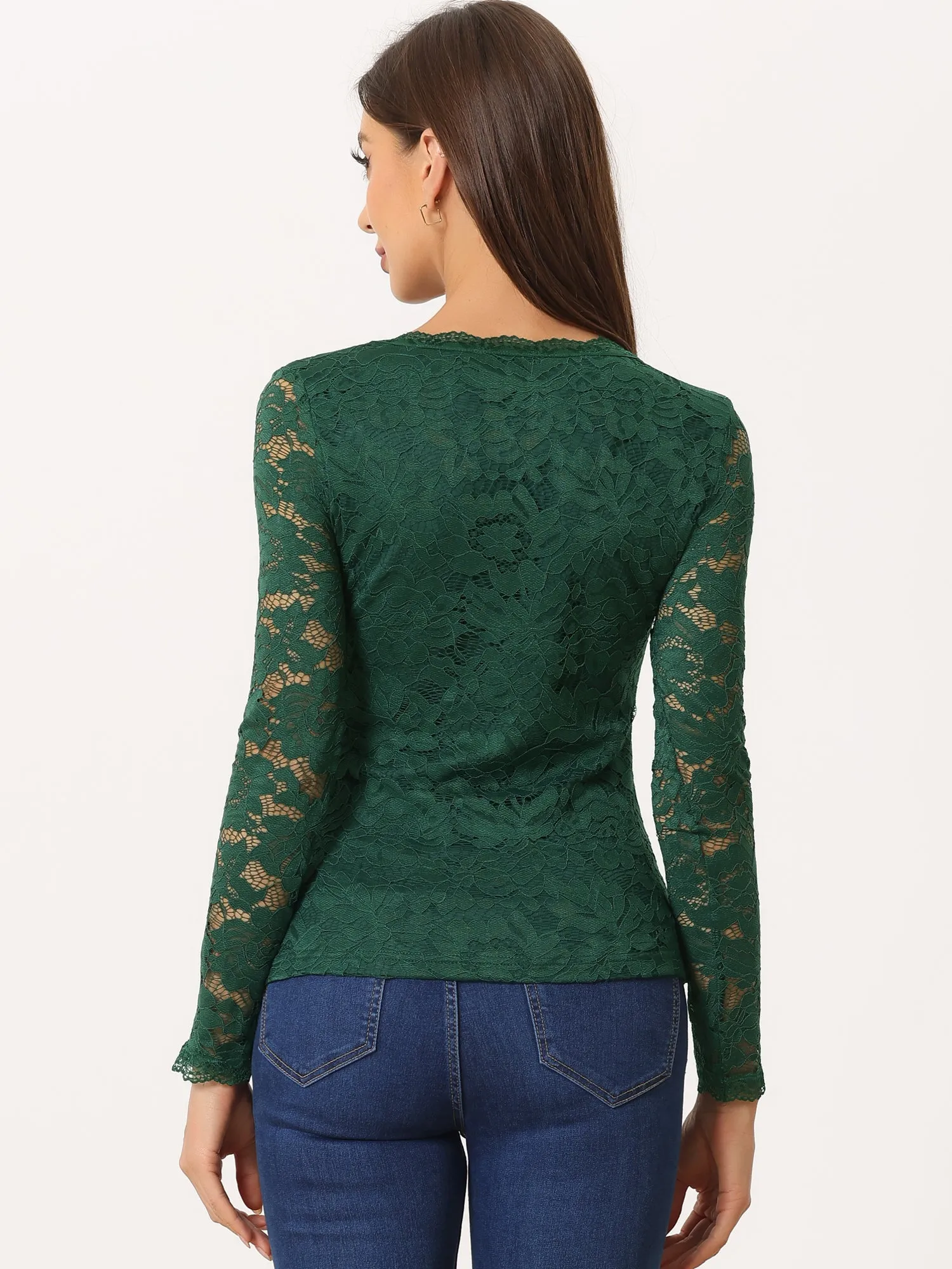 Crew Neck Sheer Long Sleeve Flower Embroidery Lace Blouse