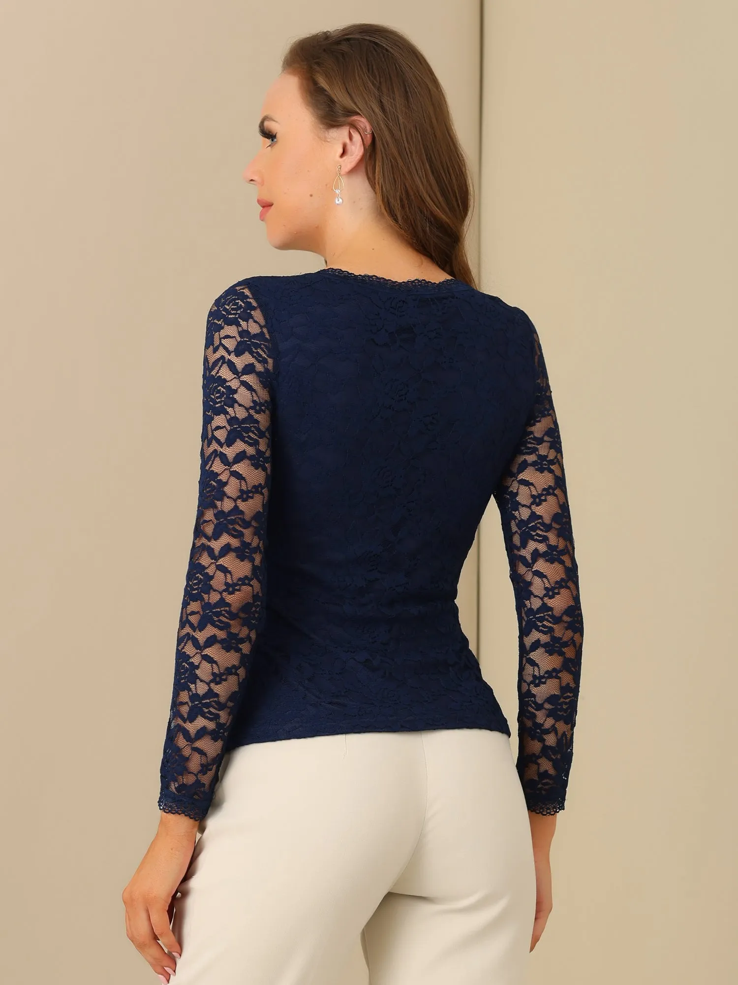 Crew Neck Sheer Long Sleeve Flower Embroidery Lace Blouse