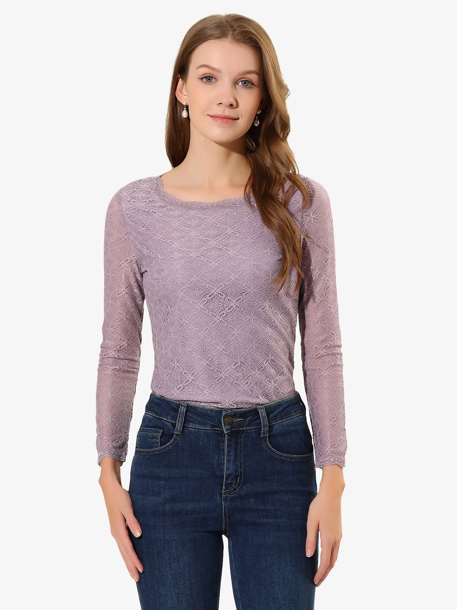 Crew Neck Sheer Long Sleeve Flower Embroidery Lace Blouse