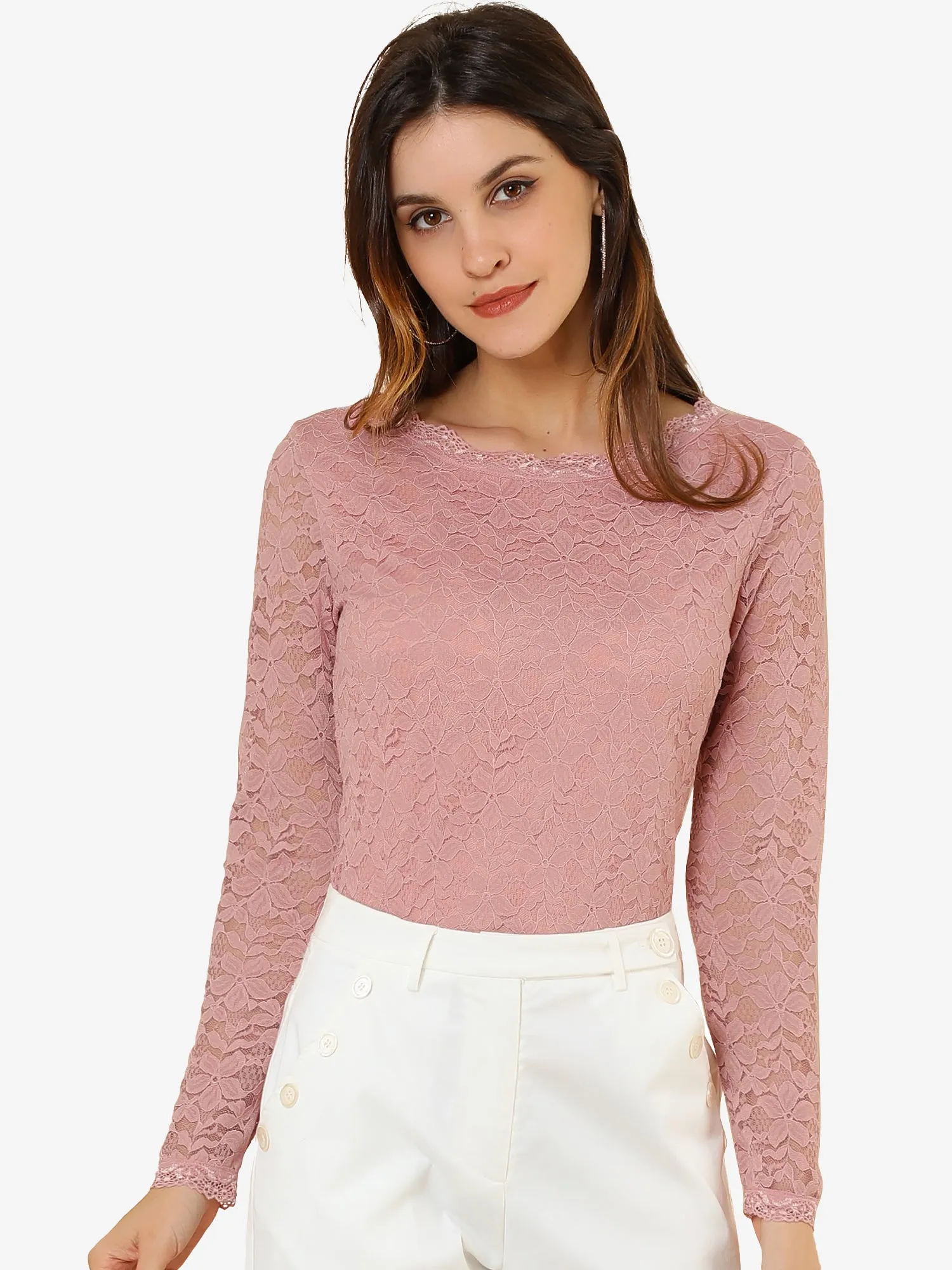 Crew Neck Sheer Long Sleeve Flower Embroidery Lace Blouse