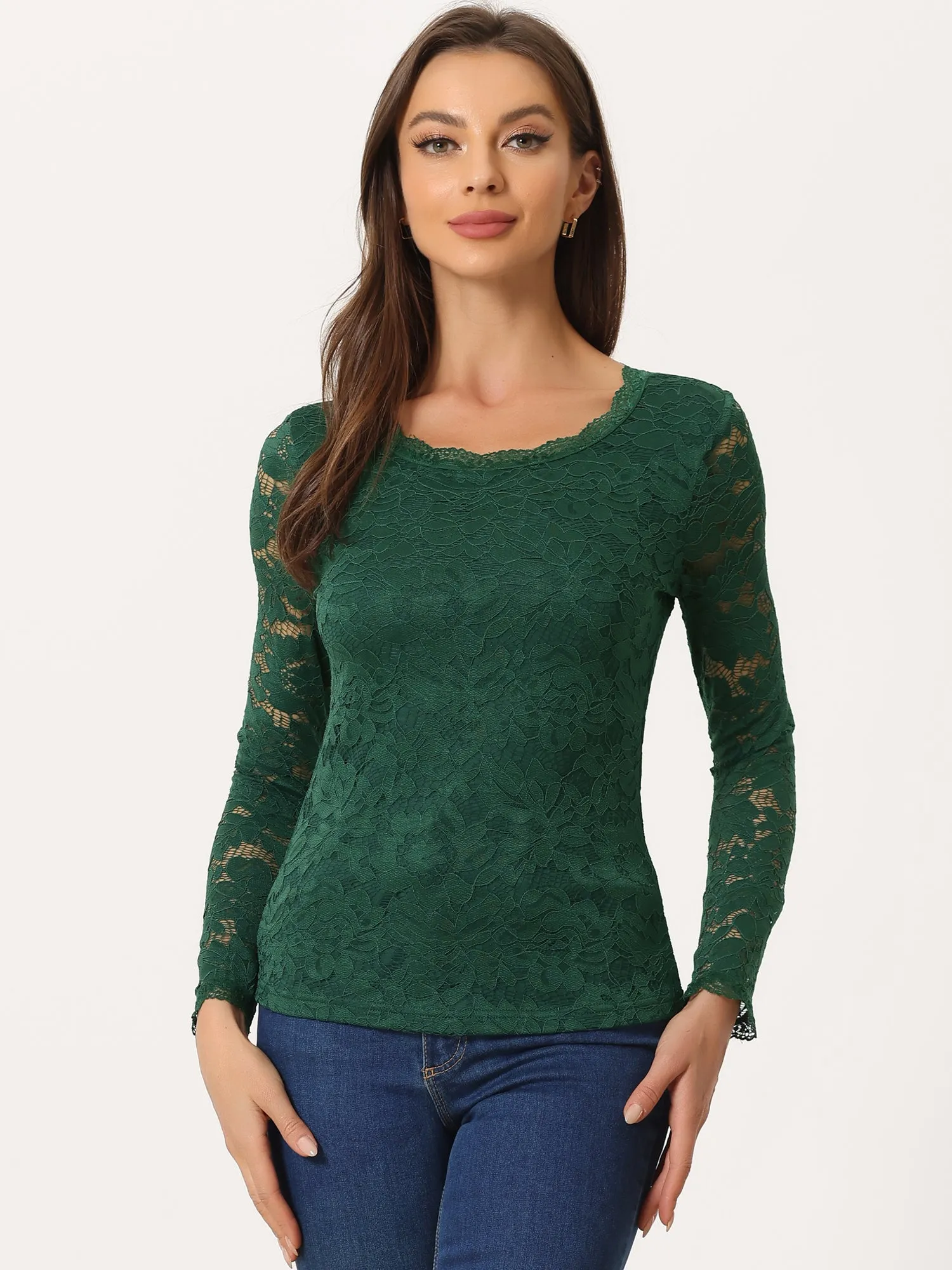 Crew Neck Sheer Long Sleeve Flower Embroidery Lace Blouse
