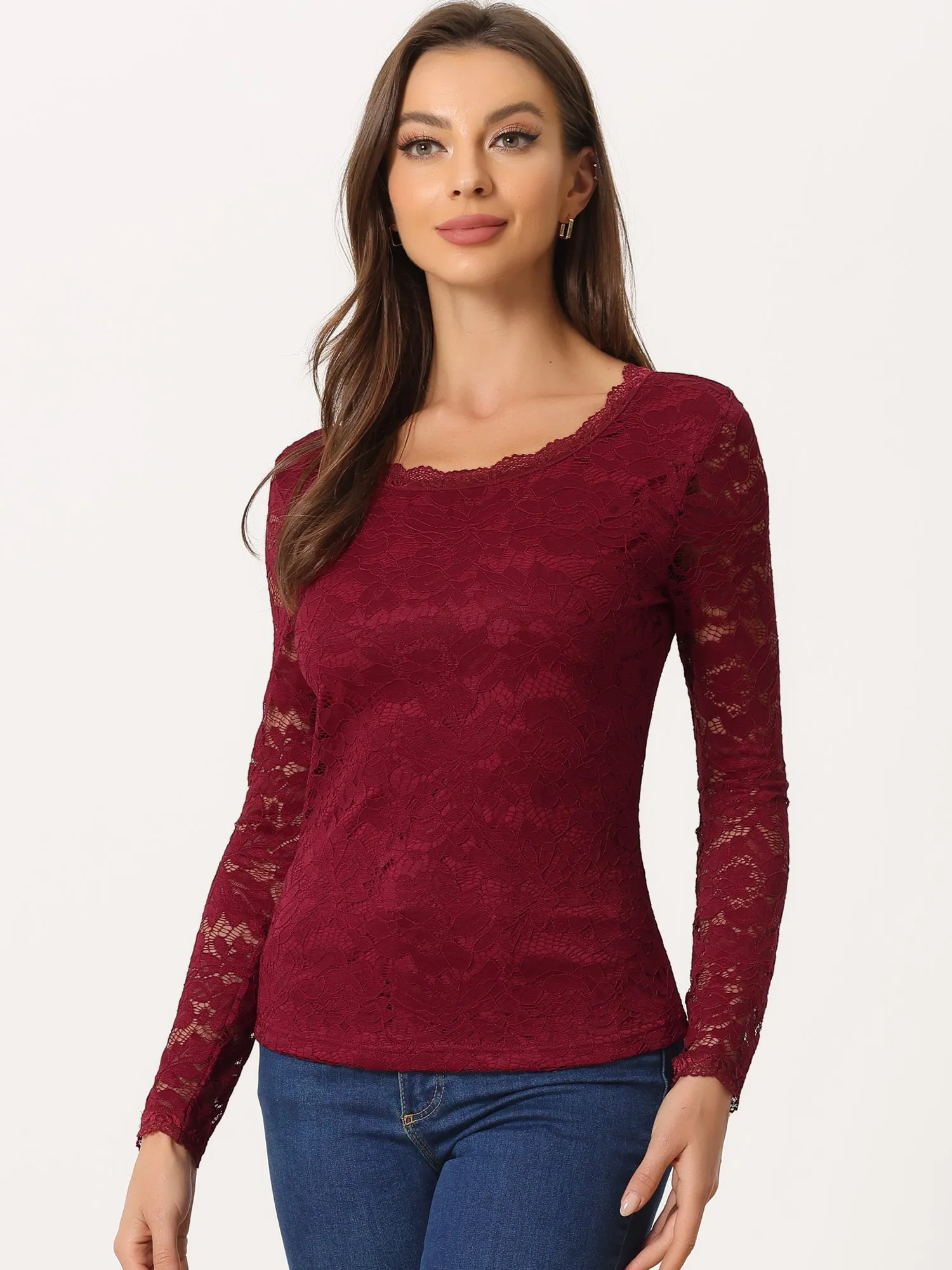 Crew Neck Sheer Long Sleeve Flower Embroidery Lace Blouse
