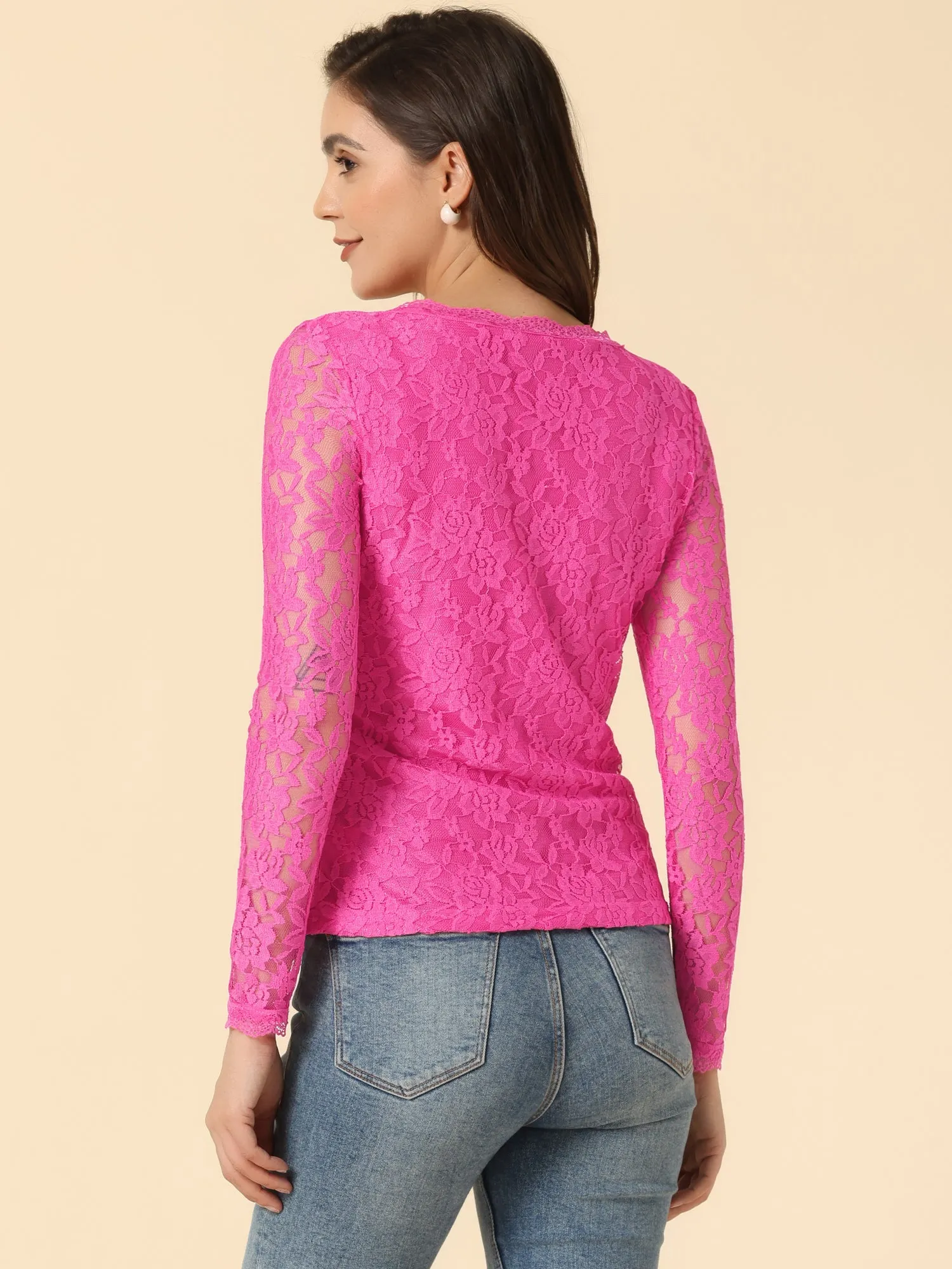 Crew Neck Sheer Long Sleeve Flower Embroidery Lace Blouse