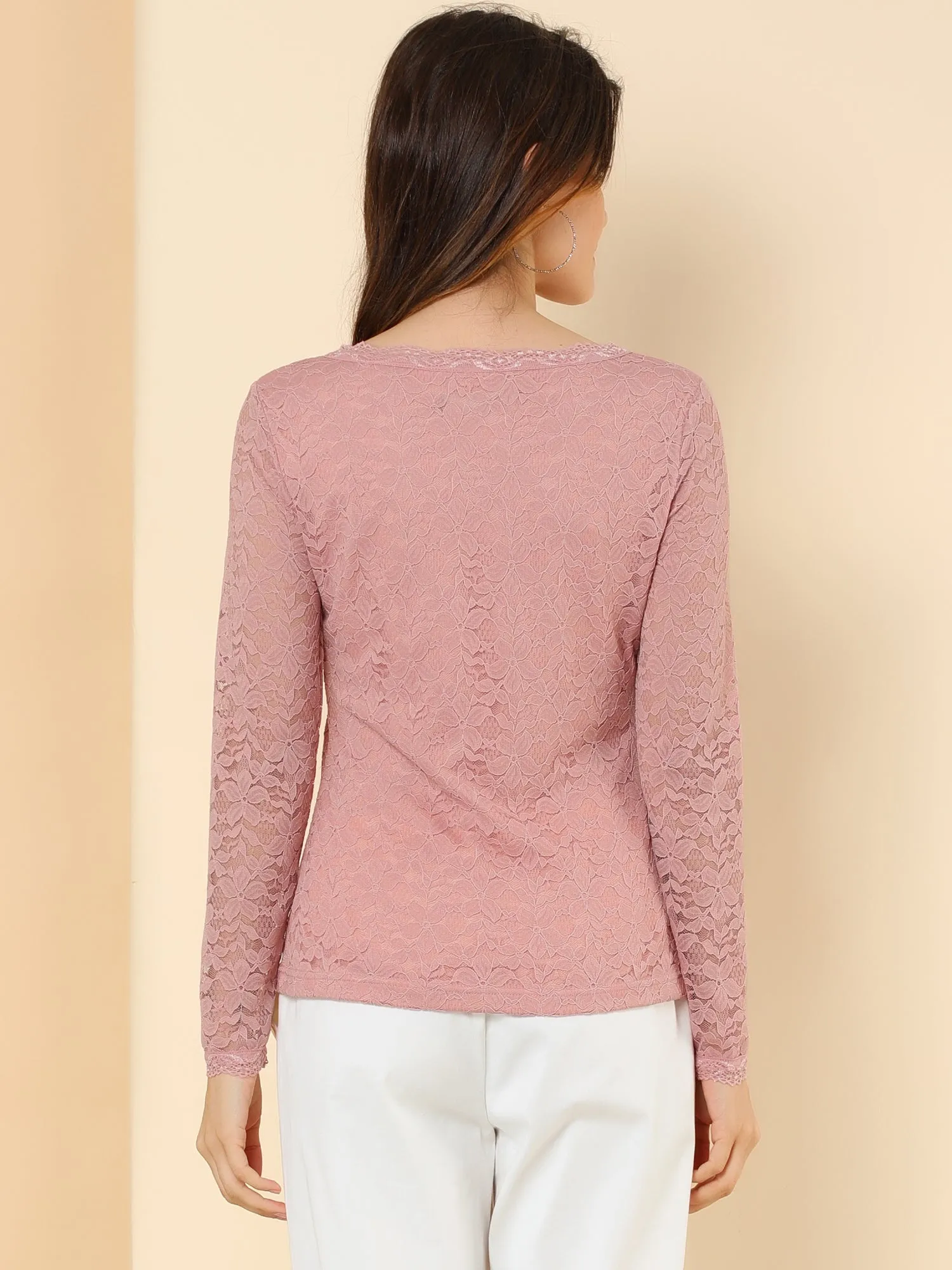 Crew Neck Sheer Long Sleeve Flower Embroidery Lace Blouse