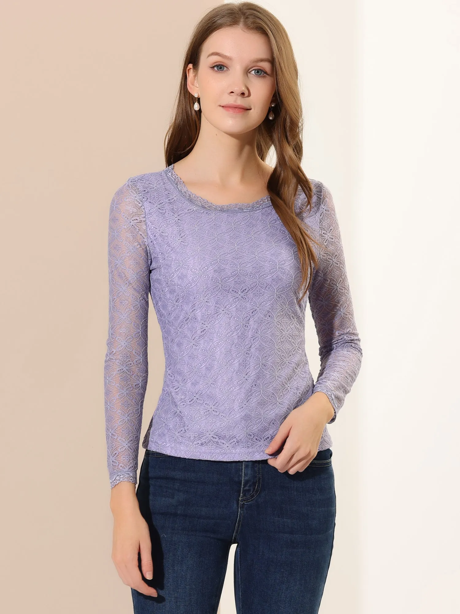 Crew Neck Sheer Long Sleeve Flower Embroidery Lace Blouse