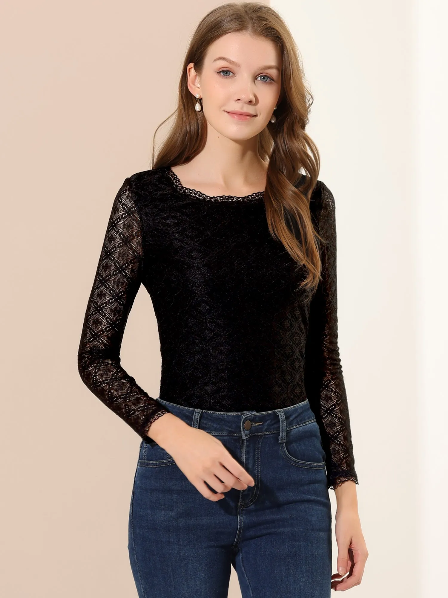 Crew Neck Sheer Long Sleeve Flower Embroidery Lace Blouse