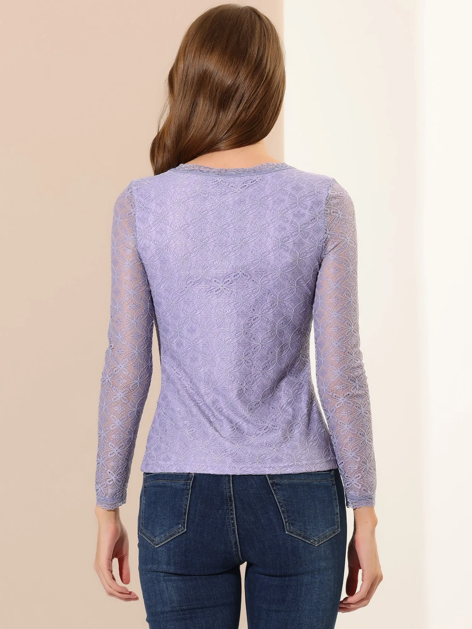 Crew Neck Sheer Long Sleeve Flower Embroidery Lace Blouse