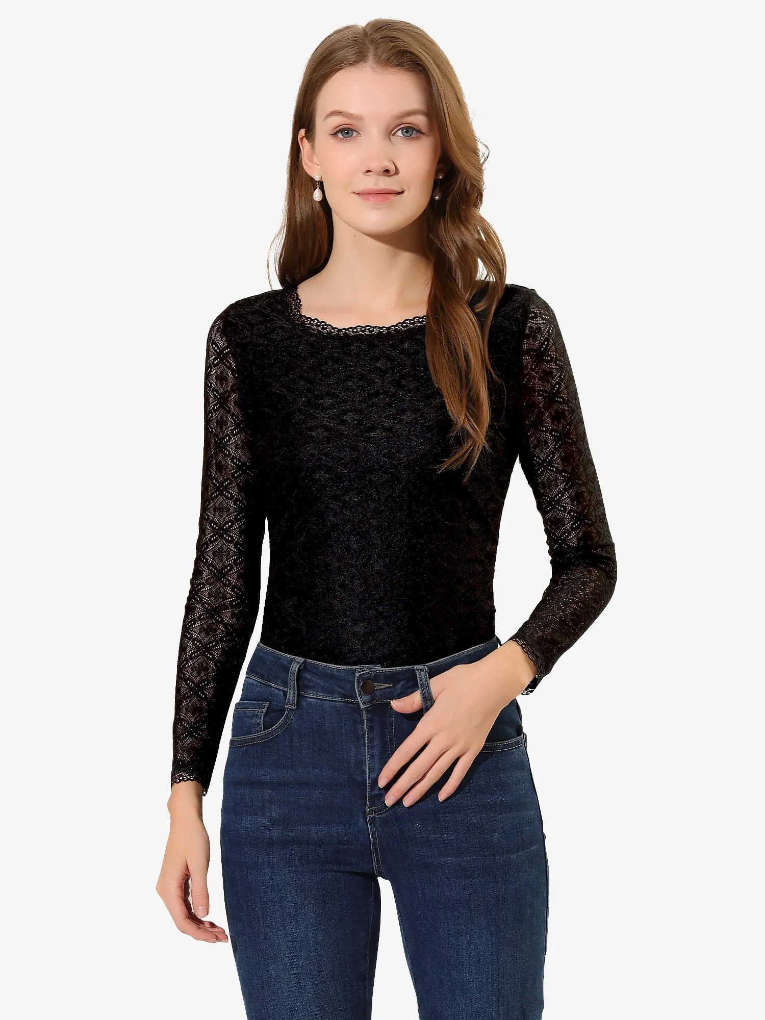Crew Neck Sheer Long Sleeve Flower Embroidery Lace Blouse