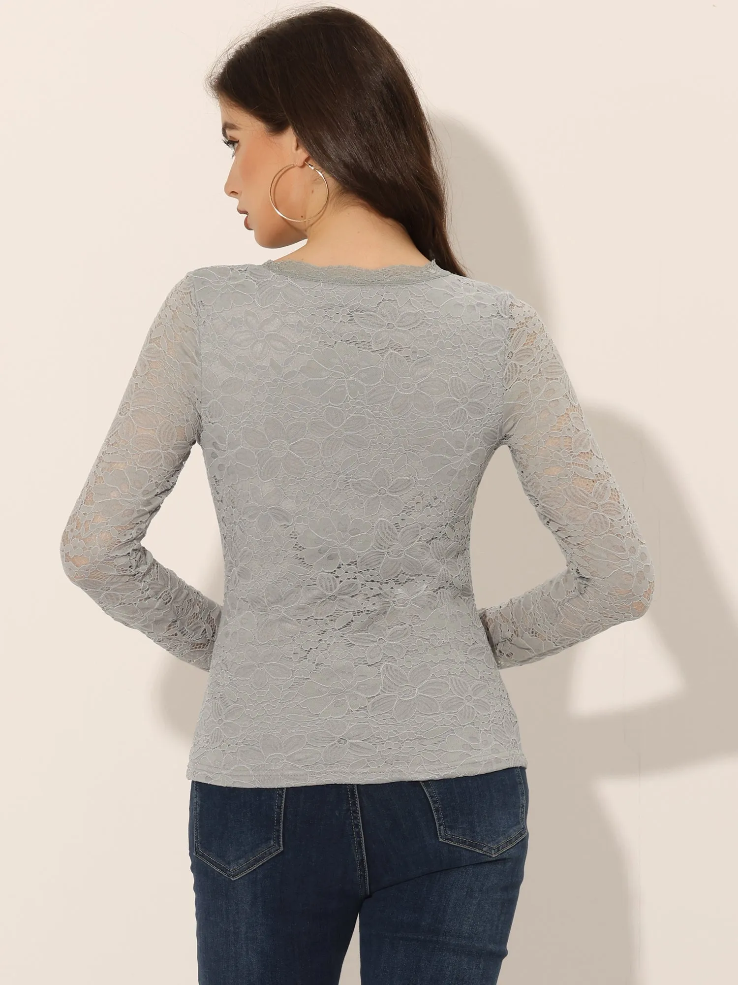 Crew Neck Sheer Long Sleeve Flower Embroidery Lace Blouse