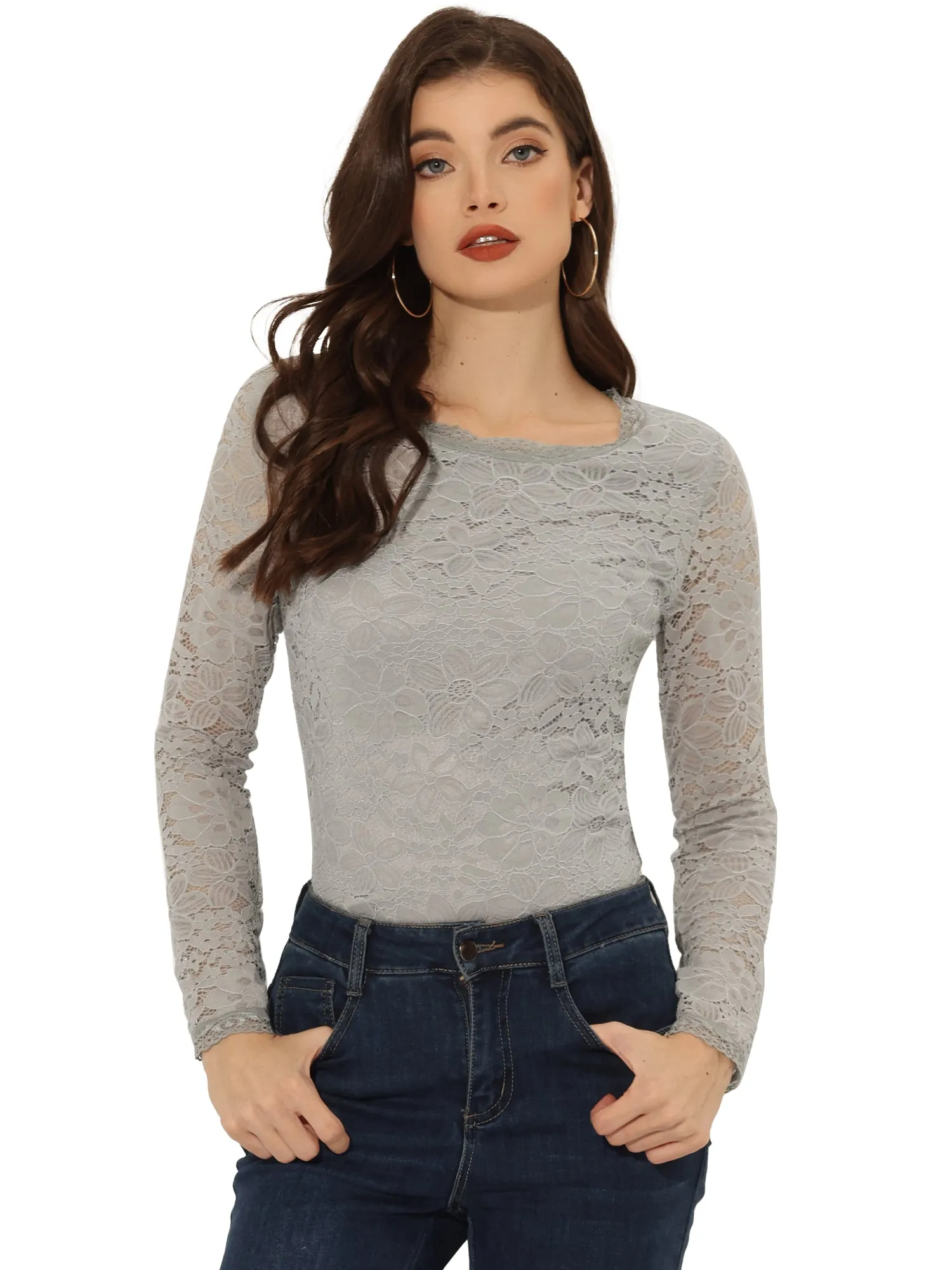 Crew Neck Sheer Long Sleeve Flower Embroidery Lace Blouse