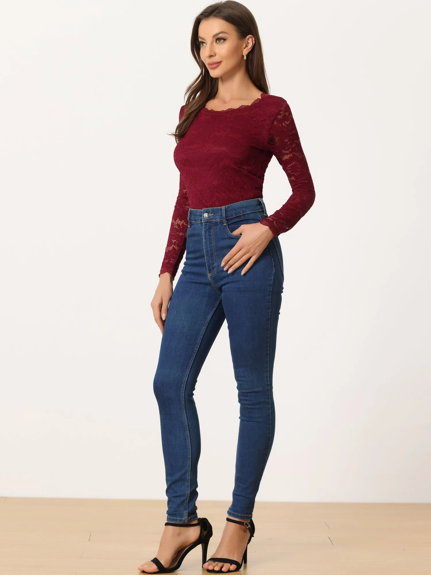 Crew Neck Sheer Long Sleeve Flower Embroidery Lace Blouse