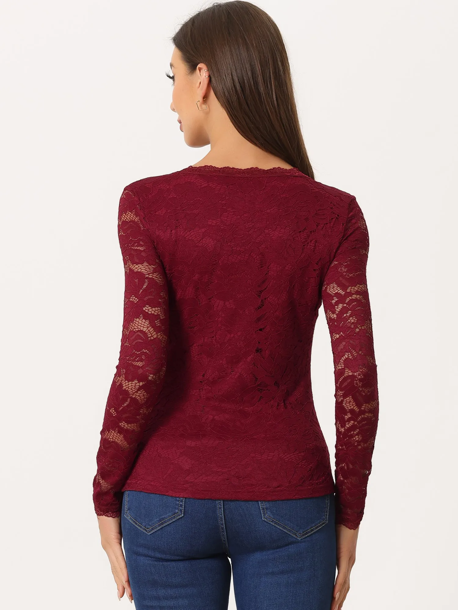 Crew Neck Sheer Long Sleeve Flower Embroidery Lace Blouse