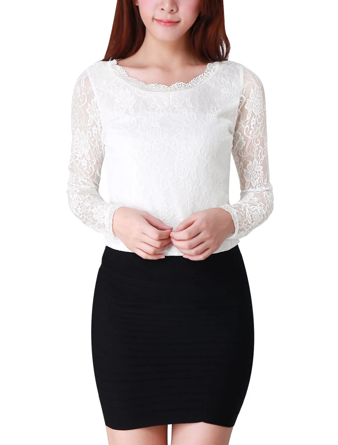 Crew Neck Sheer Long Sleeve Flower Embroidery Lace Blouse