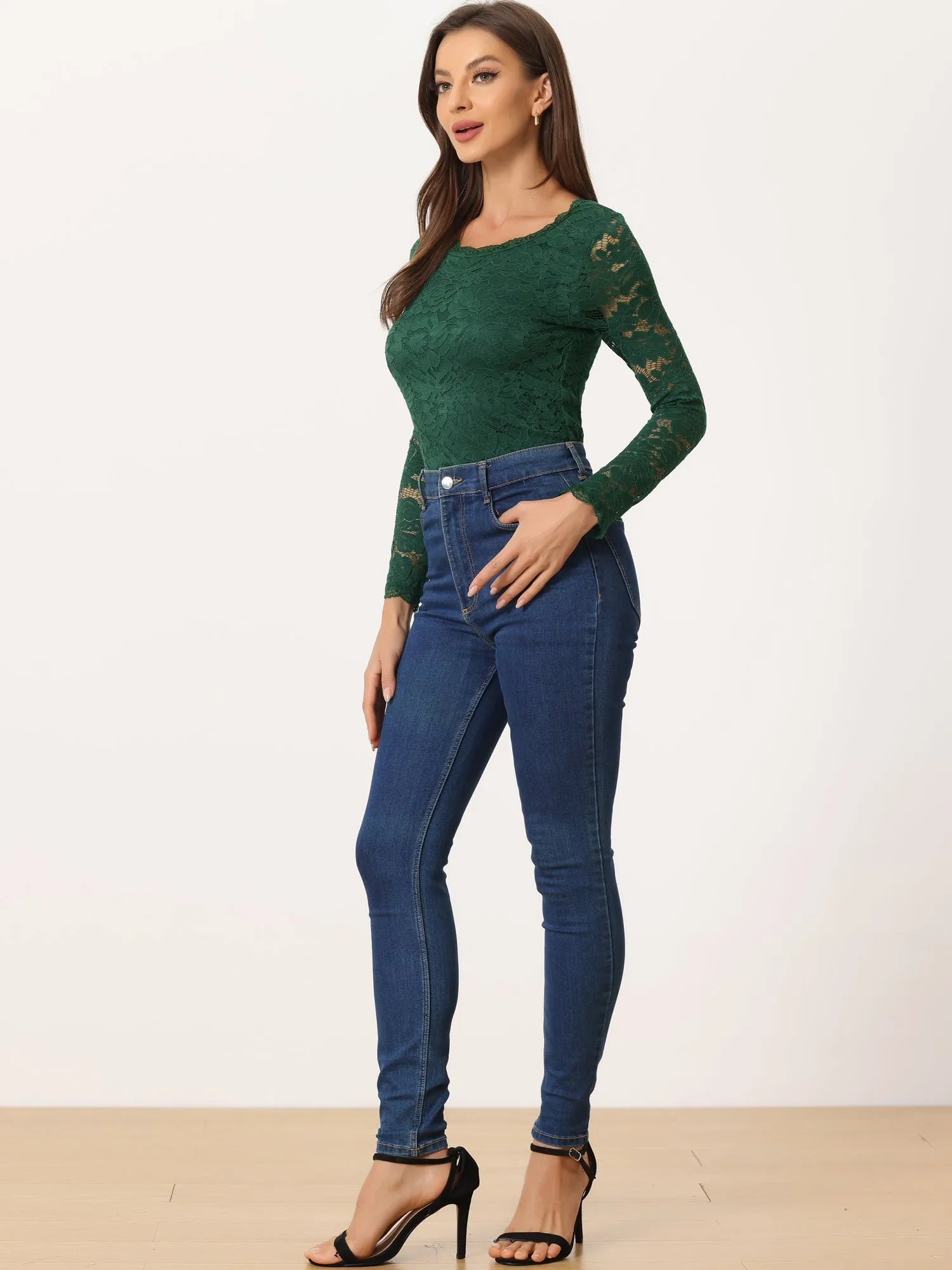 Crew Neck Sheer Long Sleeve Flower Embroidery Lace Blouse