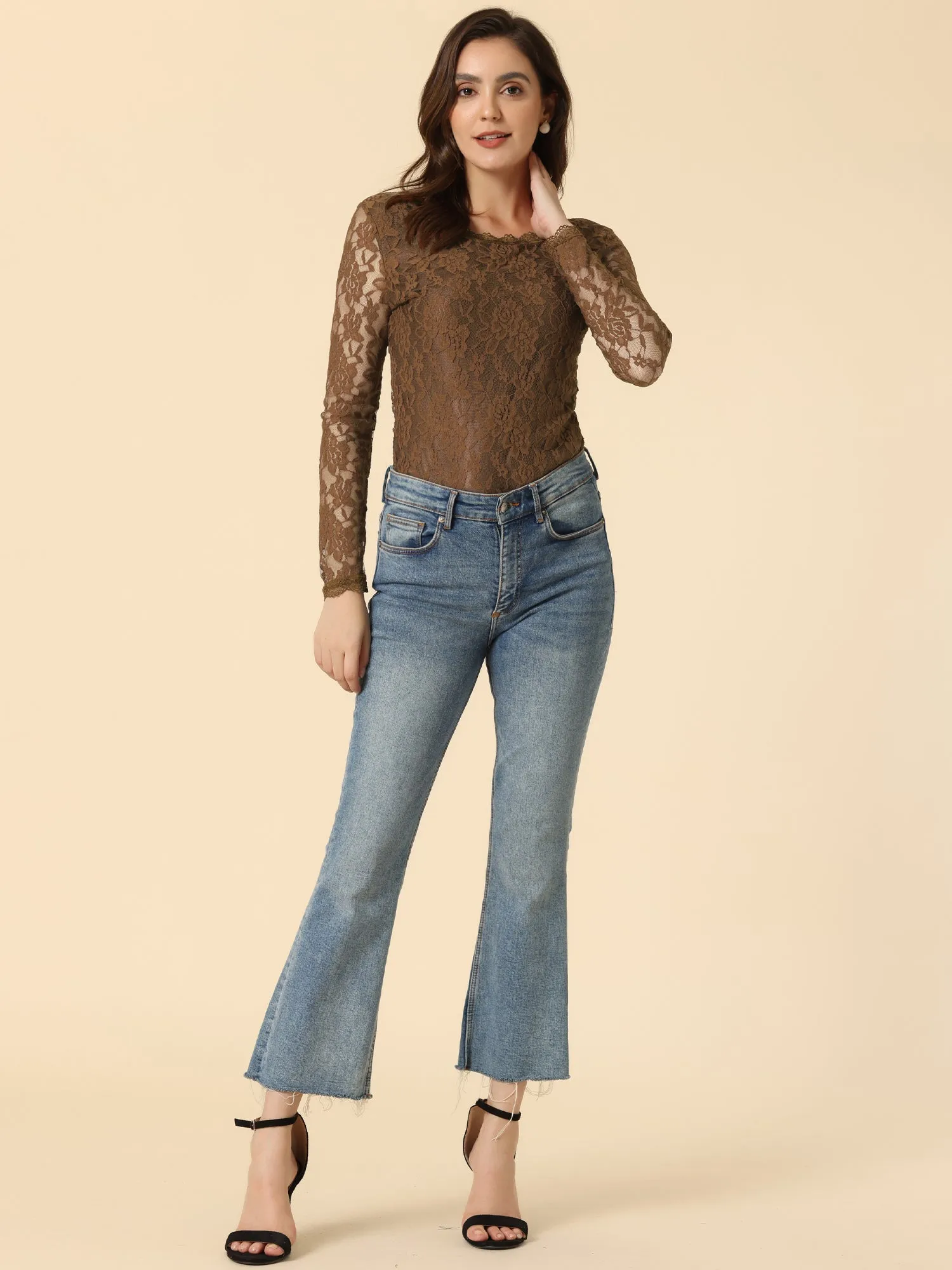 Crew Neck Sheer Long Sleeve Flower Embroidery Lace Blouse