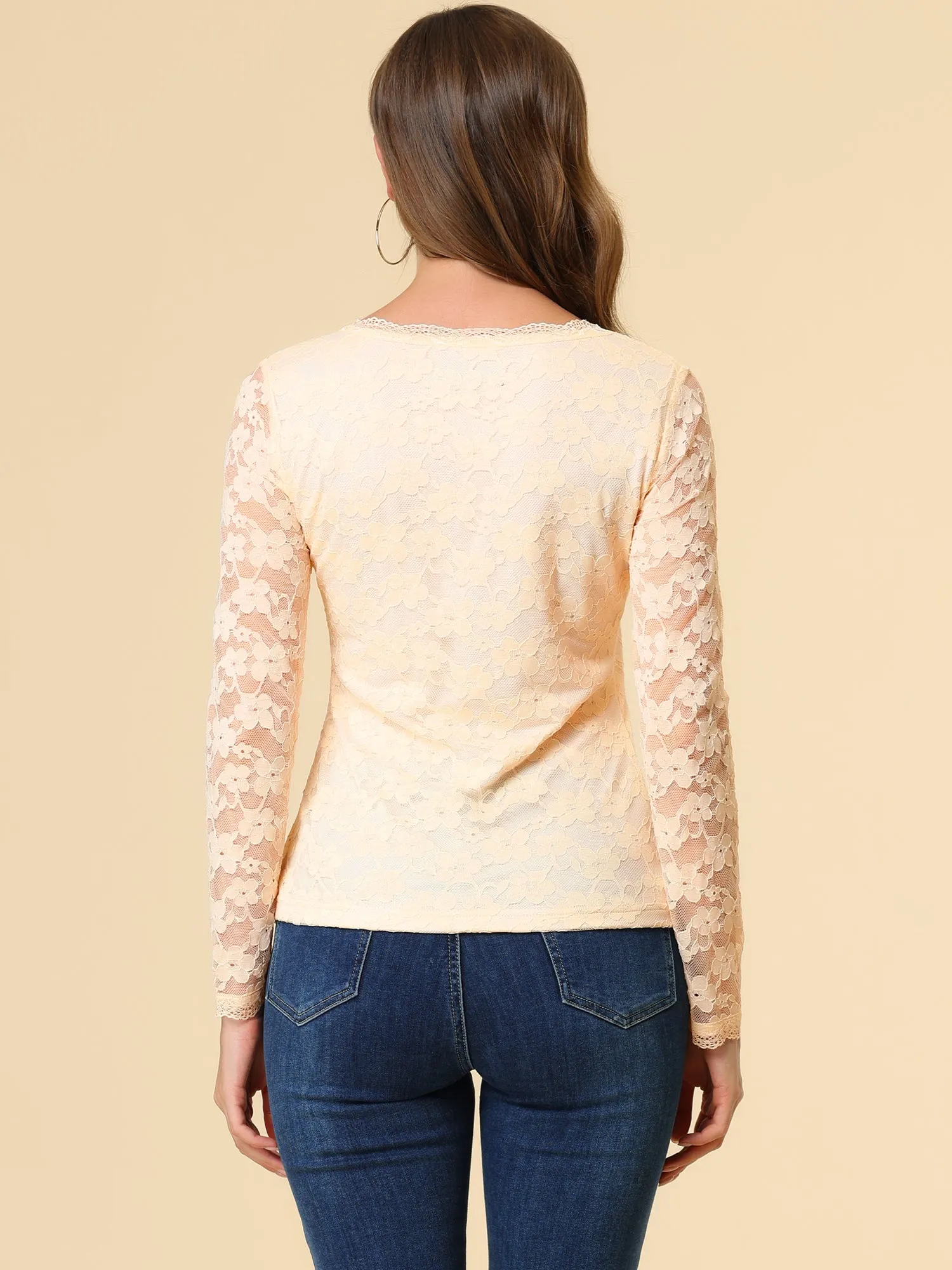 Crew Neck Sheer Long Sleeve Flower Embroidery Lace Blouse