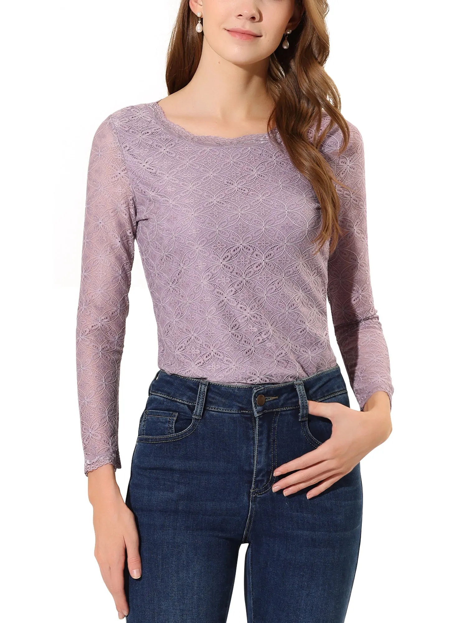 Crew Neck Sheer Long Sleeve Flower Embroidery Lace Blouse