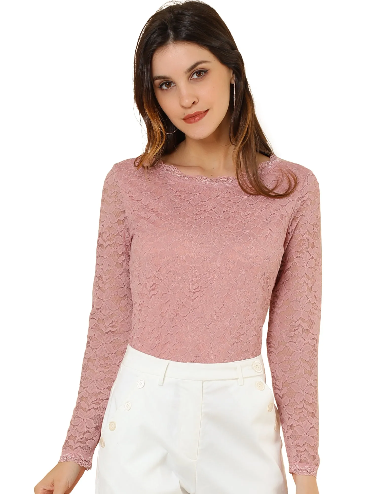 Crew Neck Sheer Long Sleeve Flower Embroidery Lace Blouse