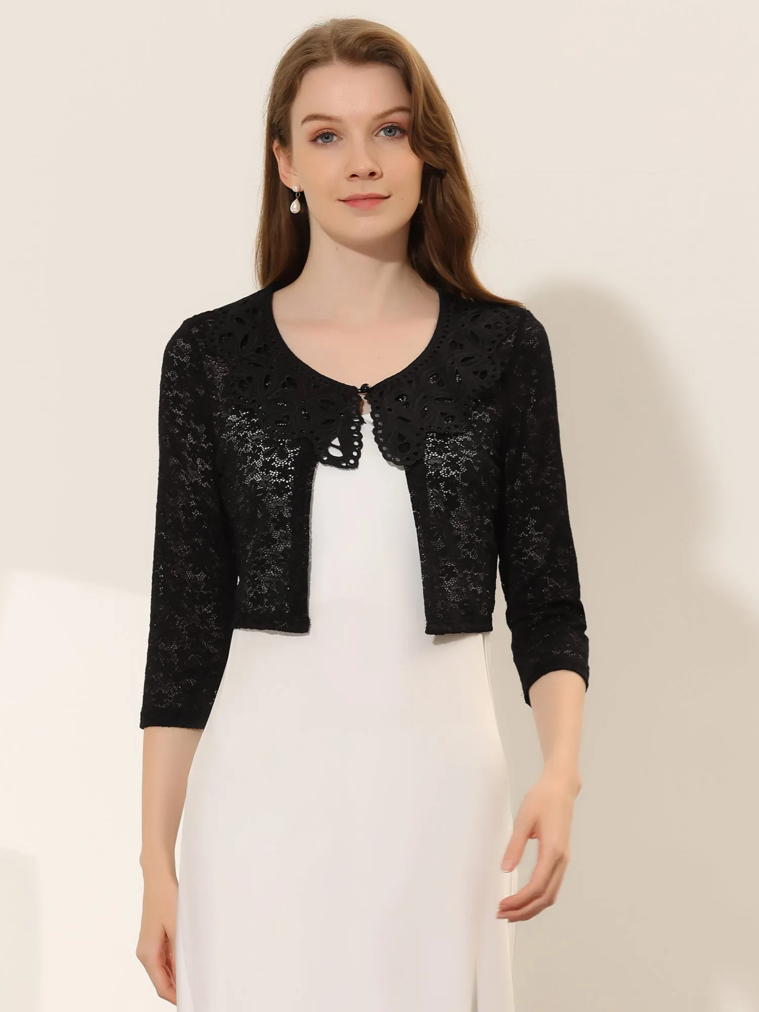 Crop Semi-Sheer Cardigan 3/4 Sleeve Peter Pan Collar Lace Shrug