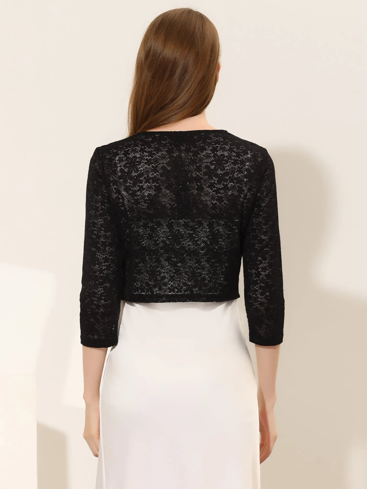 Crop Semi-Sheer Cardigan 3/4 Sleeve Peter Pan Collar Lace Shrug