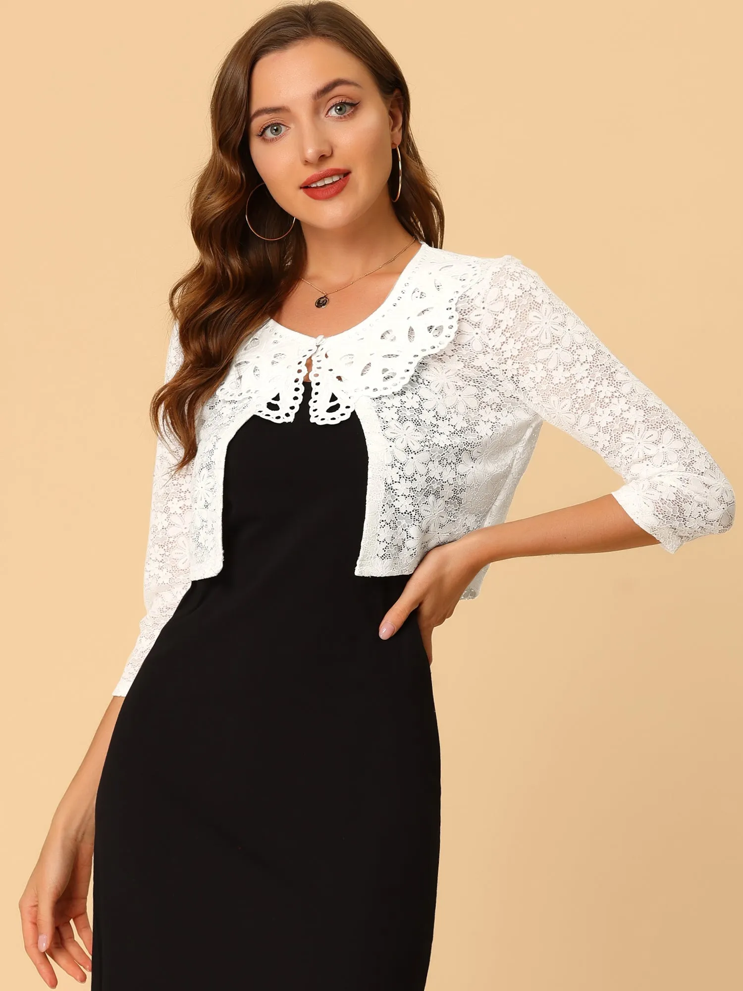 Crop Semi-Sheer Cardigan 3/4 Sleeve Peter Pan Collar Lace Shrug