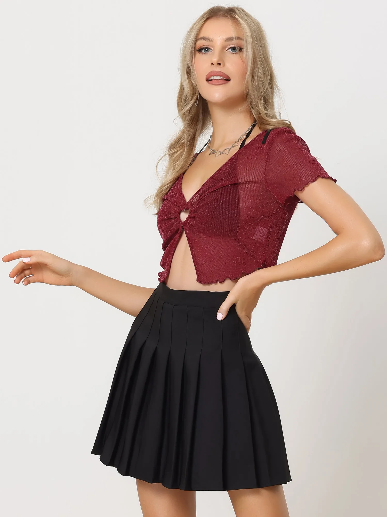 Cutout Glitter V Neck Mesh Sheer Shimmer Crop Tops