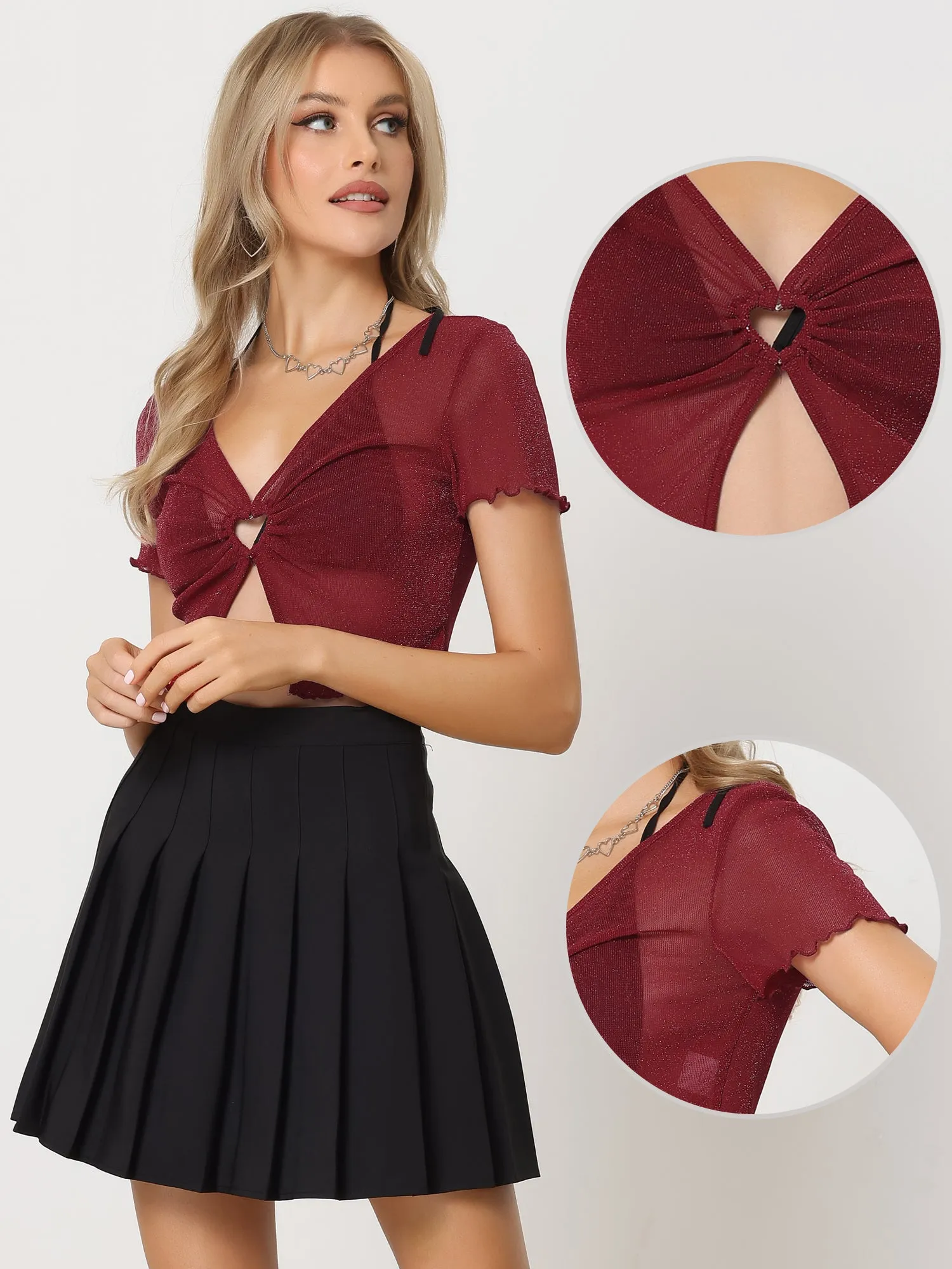 Cutout Glitter V Neck Mesh Sheer Shimmer Crop Tops