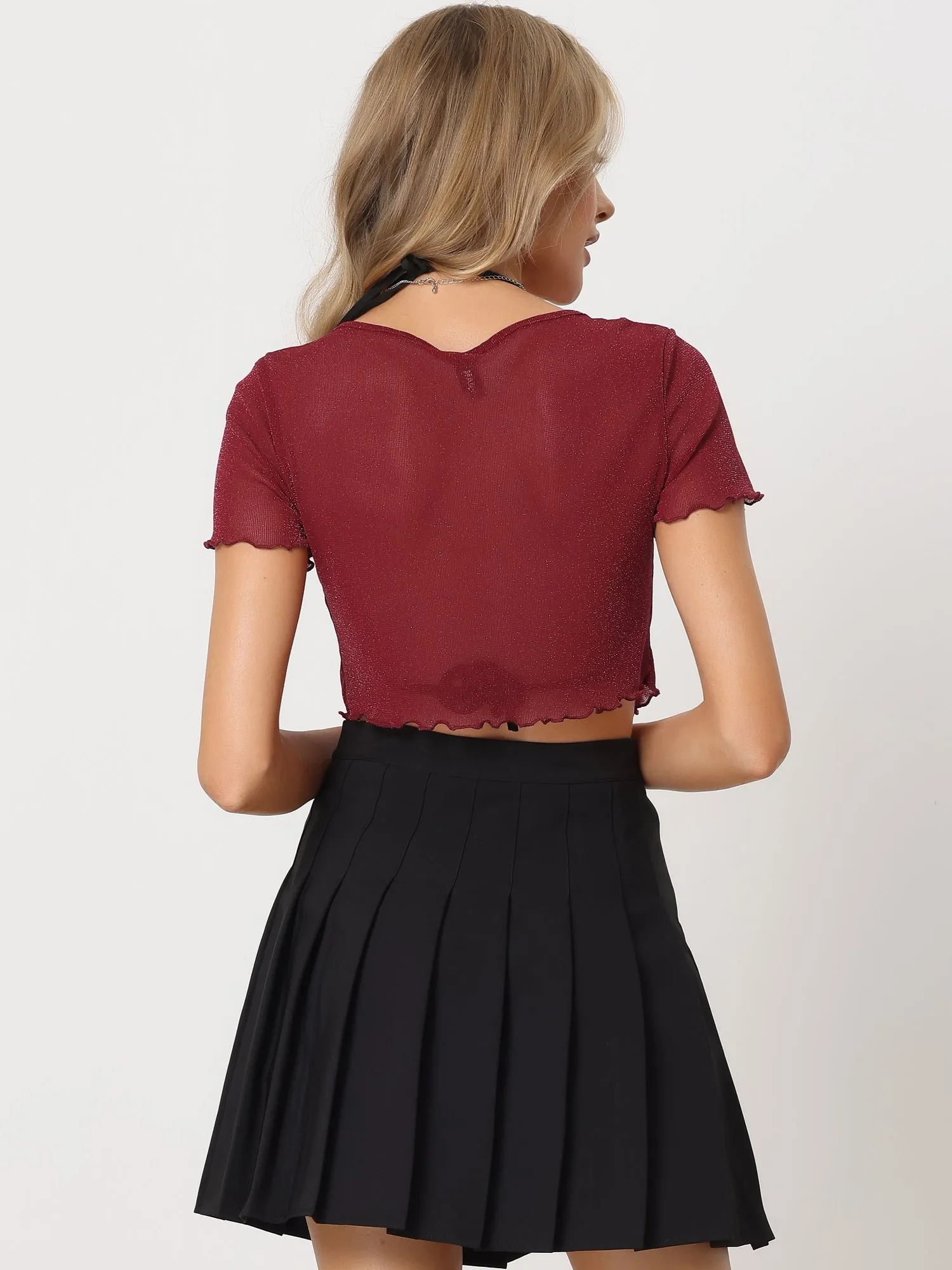 Cutout Glitter V Neck Mesh Sheer Shimmer Crop Tops
