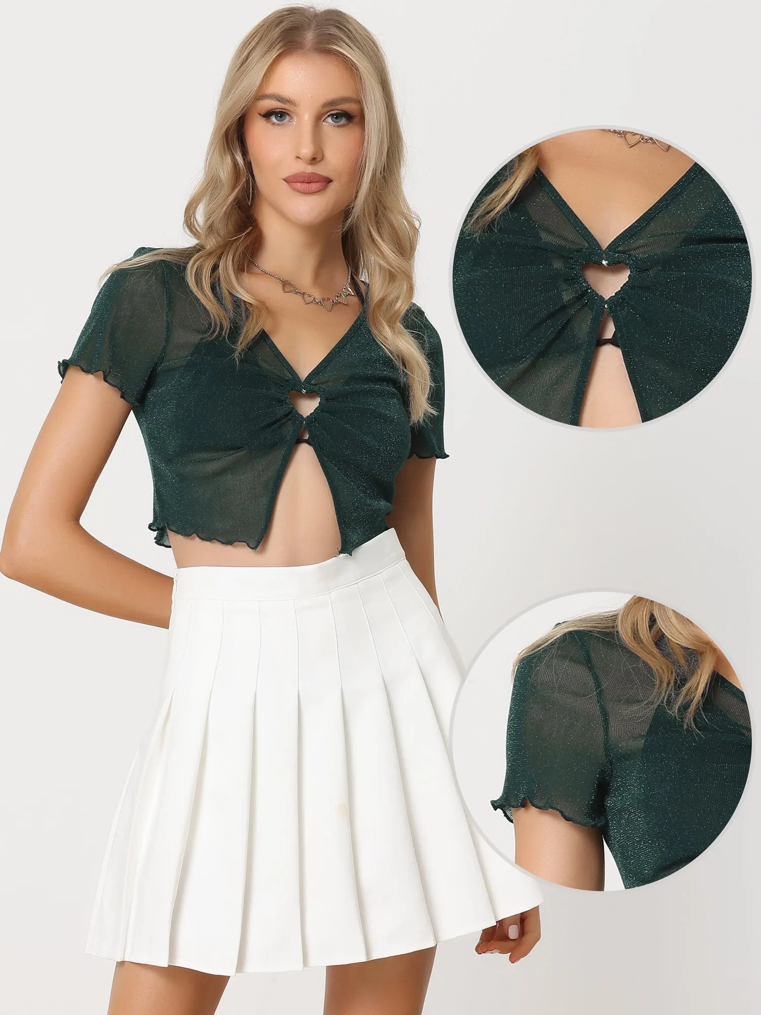 Cutout Glitter V Neck Mesh Sheer Shimmer Crop Tops
