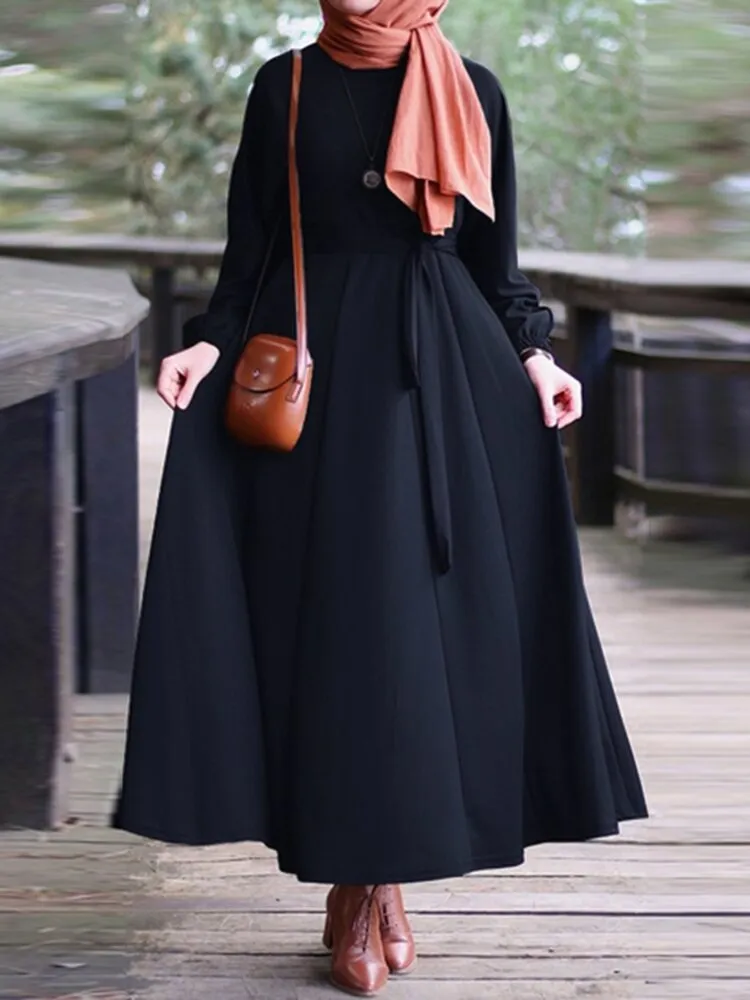 Elegant Puff Sleeve Elastic Cuff Lace-up Kaftan Tunic Muslim Women Maxi Dress