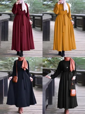 Elegant Puff Sleeve Elastic Cuff Lace-up Kaftan Tunic Muslim Women Maxi Dress