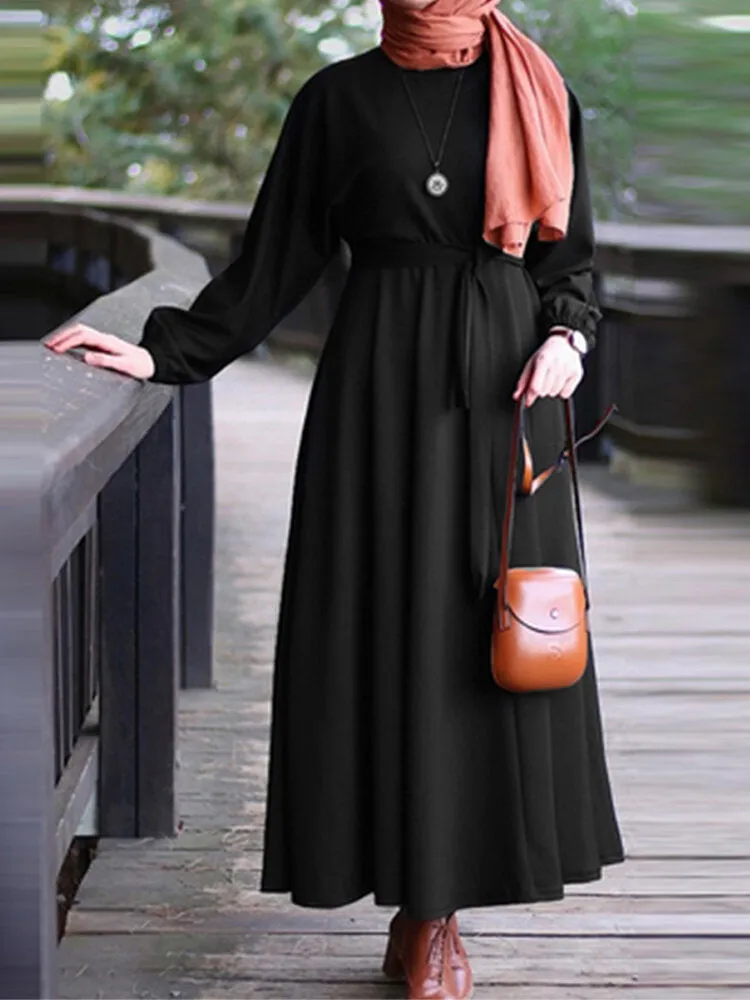 Elegant Puff Sleeve Elastic Cuff Lace-up Kaftan Tunic Muslim Women Maxi Dress