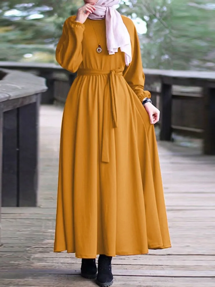 Elegant Puff Sleeve Elastic Cuff Lace-up Kaftan Tunic Muslim Women Maxi Dress