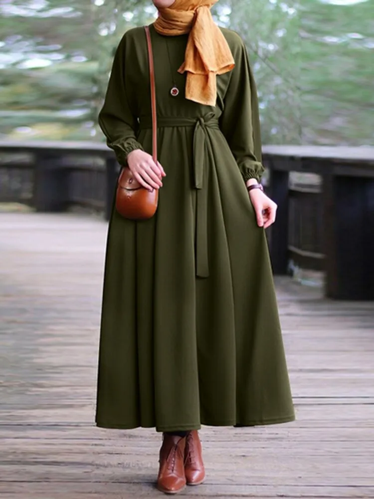 Elegant Puff Sleeve Elastic Cuff Lace-up Kaftan Tunic Muslim Women Maxi Dress