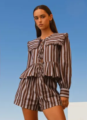 Emerson Tie Front Long Sleeve Top - Purple Brown Stripe