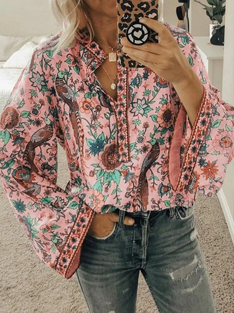 Ethnic Floral Print V Neck Long Sleeved Bohemian Shirts For Women